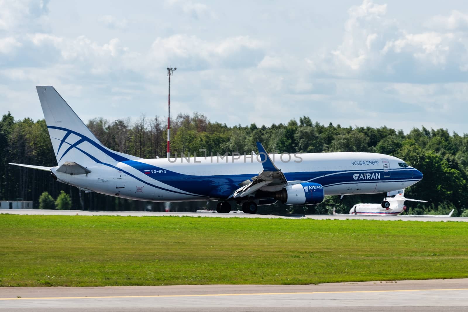 July 2, 2019, Moscow, Russia. Airplane Boeing 737-800F ATRAN - Aviatrans Cargo Airlines at Vnukovo airport in Moscow.