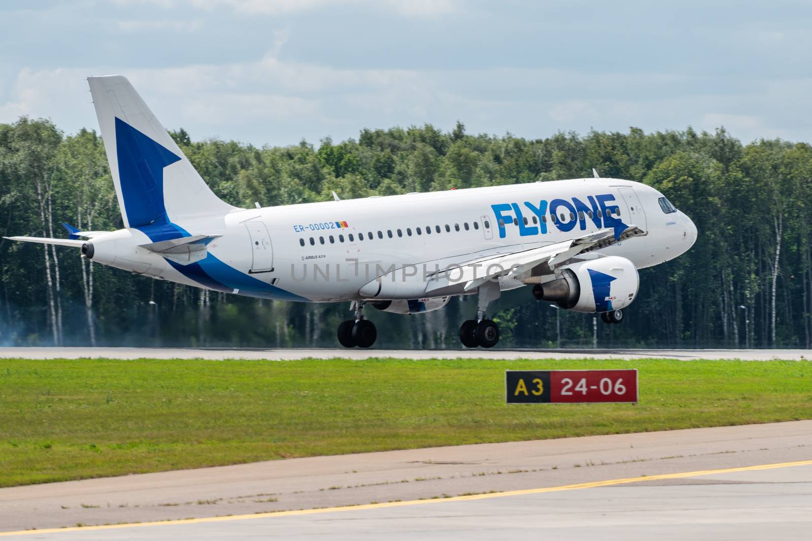 July 2, 2019, Moscow, Russia. Airplane Airbus A319-100 Fly One Airlines at Vnukovo airport in Moscow.