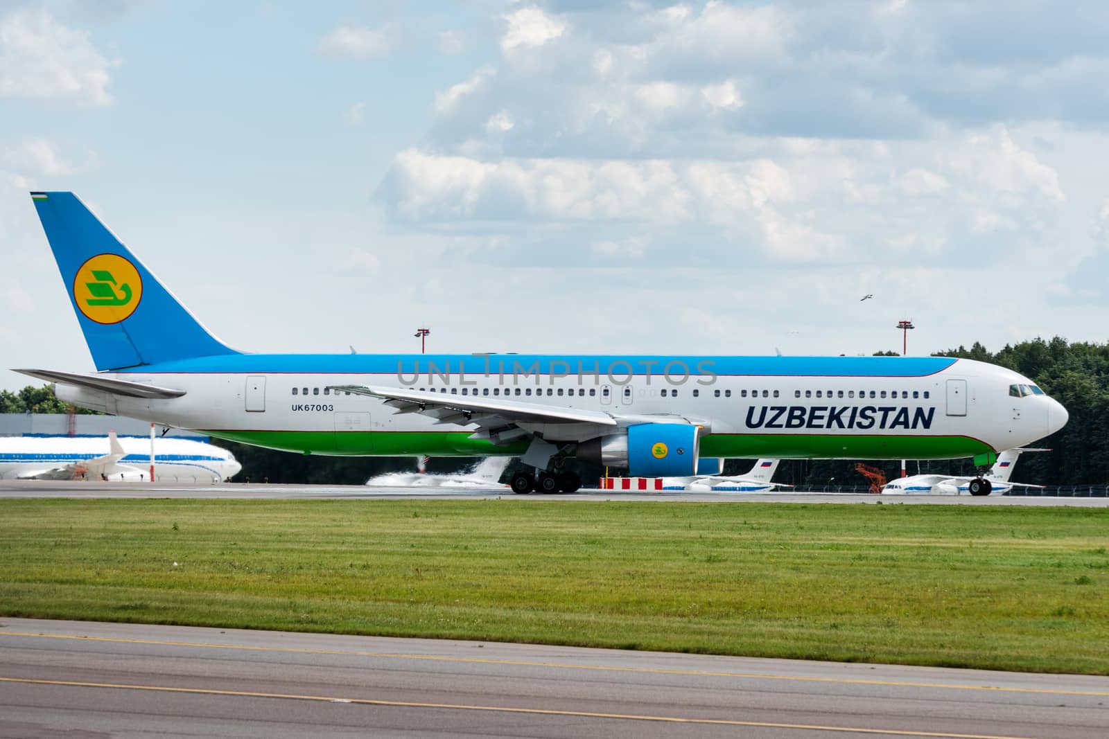 July 2, 2019, Moscow, Russia. Airplane Boeing 767-300 Uzbekistan Airways at Vnukovo airport in Moscow.