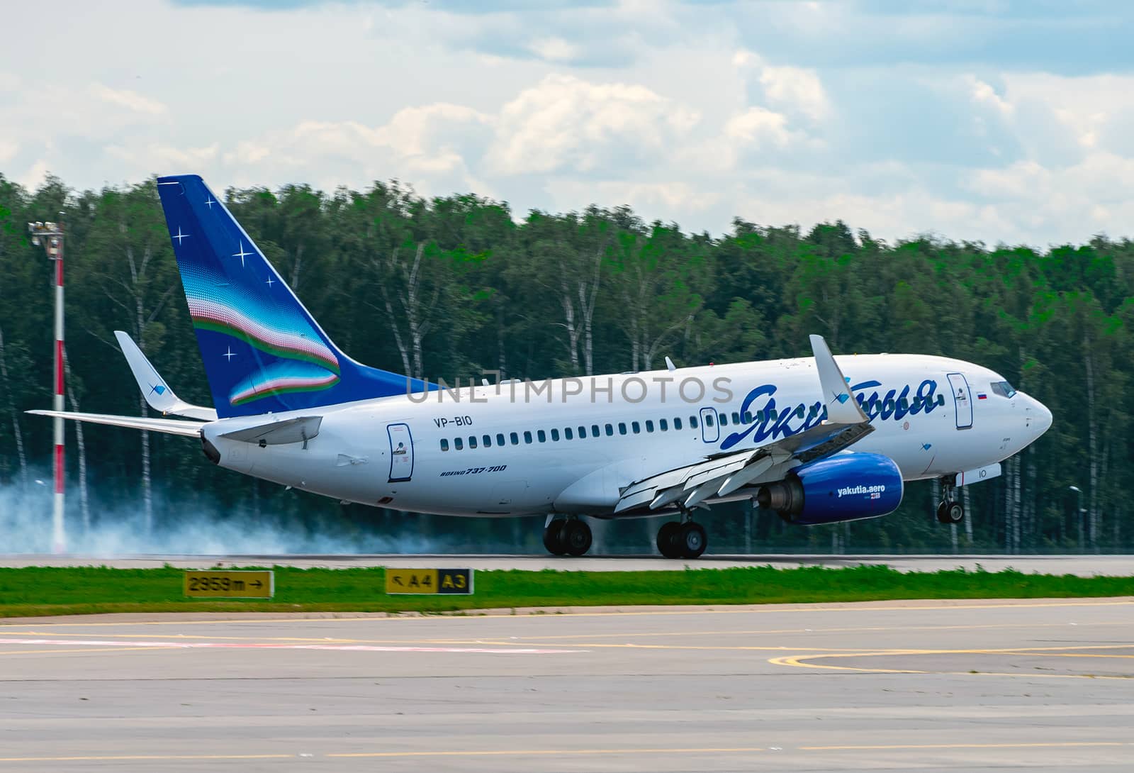 July 2, 2019, Moscow, Russia. Airplane Boeing 737-700 I Yakutia Airlines at Vnukovo airport in Moscow.