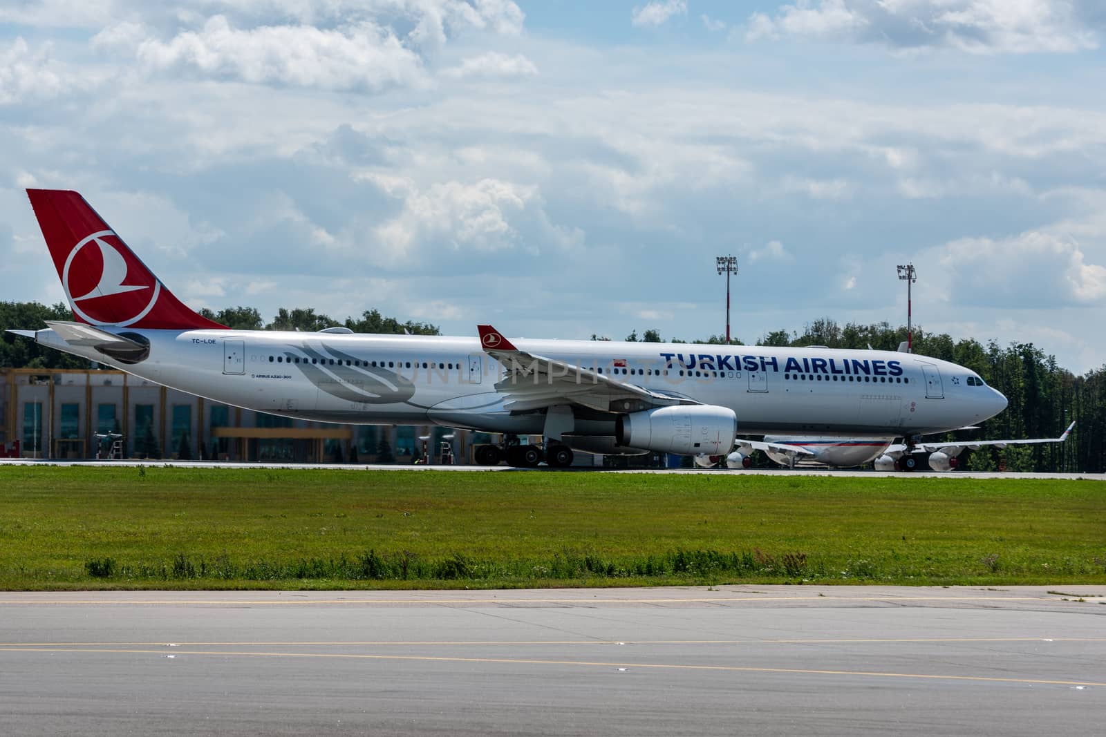 July 2, 2019, Moscow, Russia. Airplane Airbus A330-300 Turkish Airlines at Vnukovo airport in Moscow.