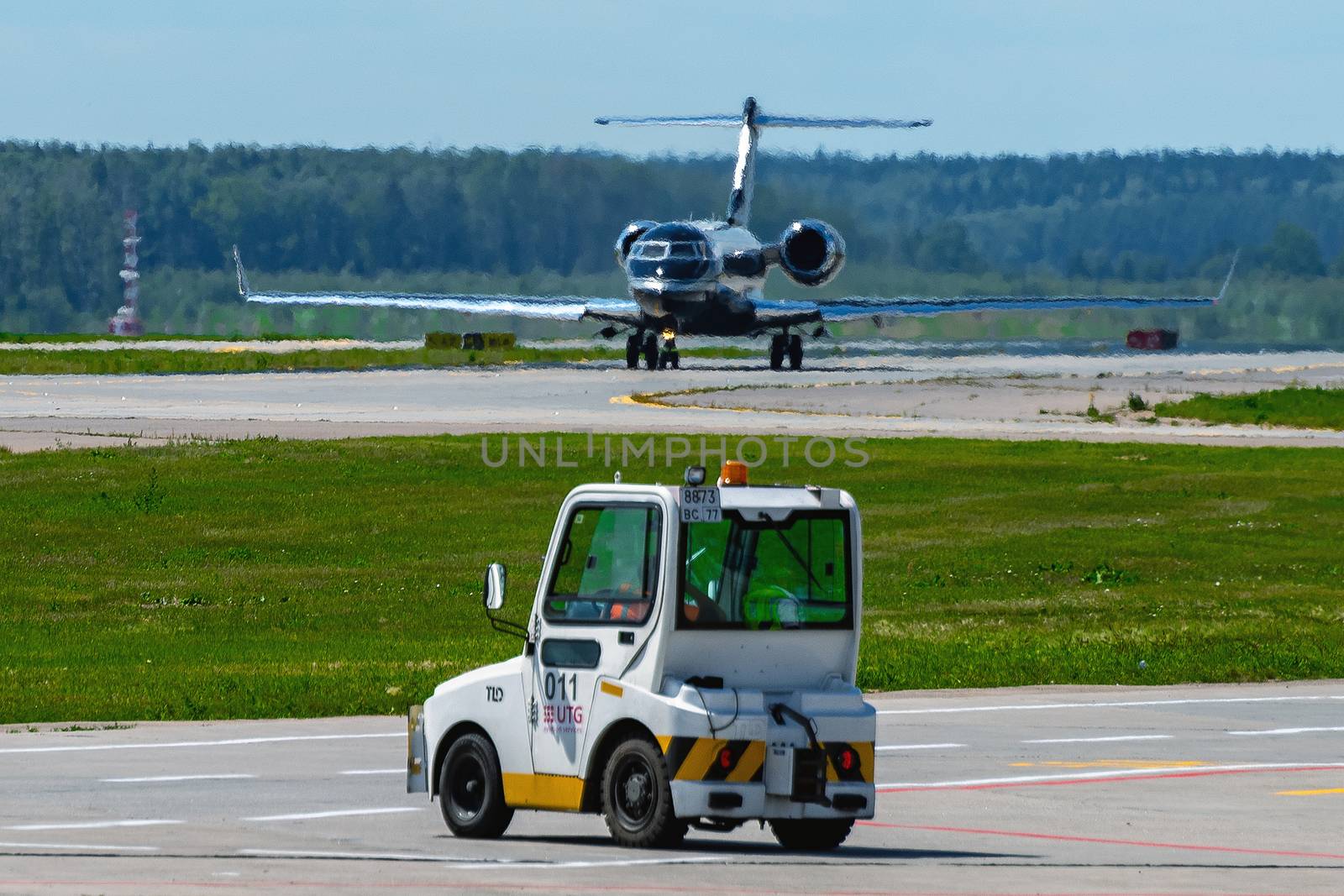 July 2, 2019 Moscow, Russia. Small airplane tractor at Vnukovo airport