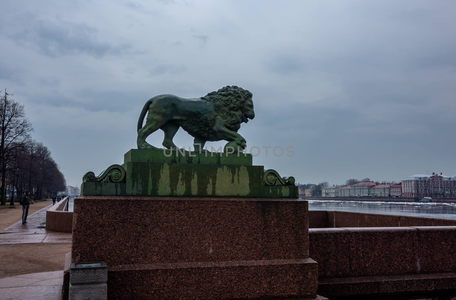 Sculpture of a lion on a granite pedestal on the embankment in St. Petersburg