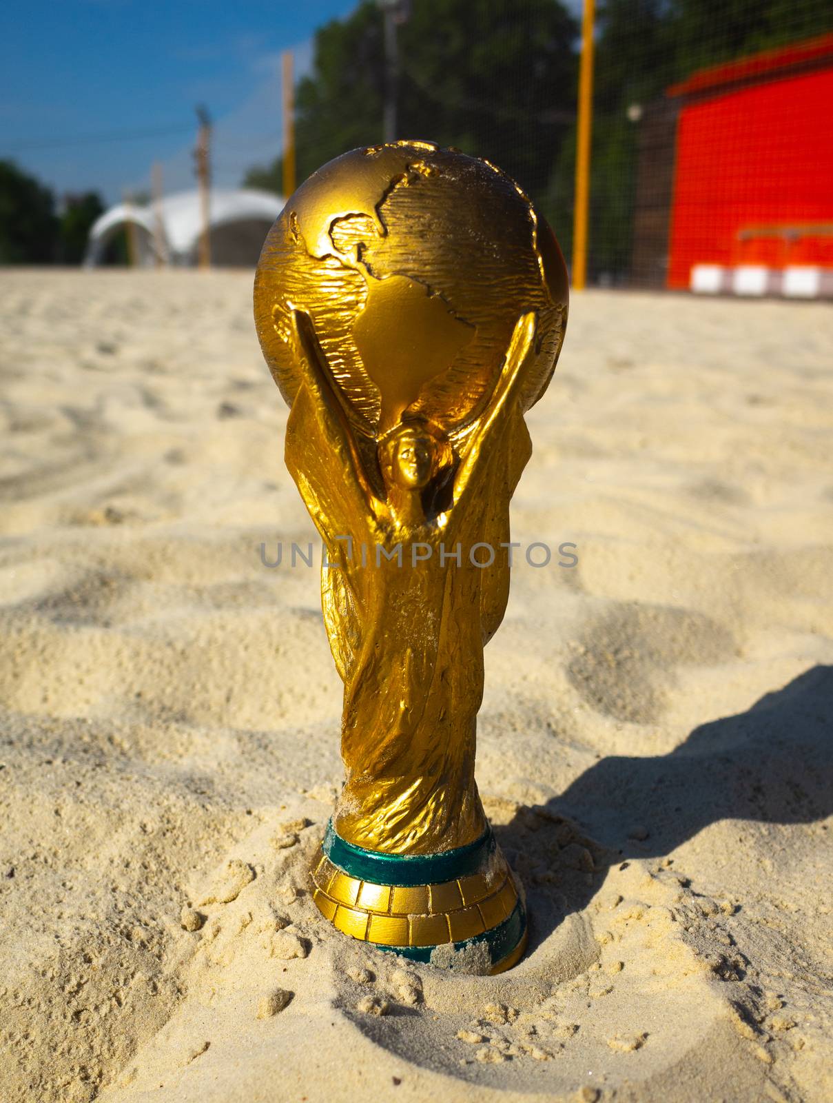 May 30, 2019. Doha, Qatar. FIFA World Cup trophy on sand. FIFA World Cup  2022  will be held in Qatar.