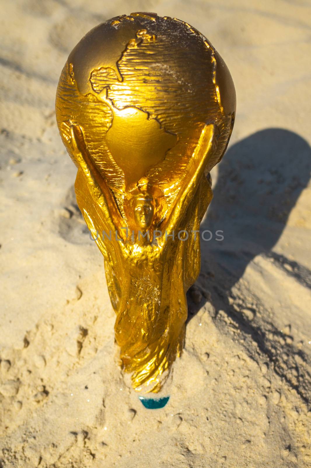 May 30, 2019. Doha, Qatar. FIFA World Cup trophy on sand. FIFA World Cup  2022  will be held in Qatar.