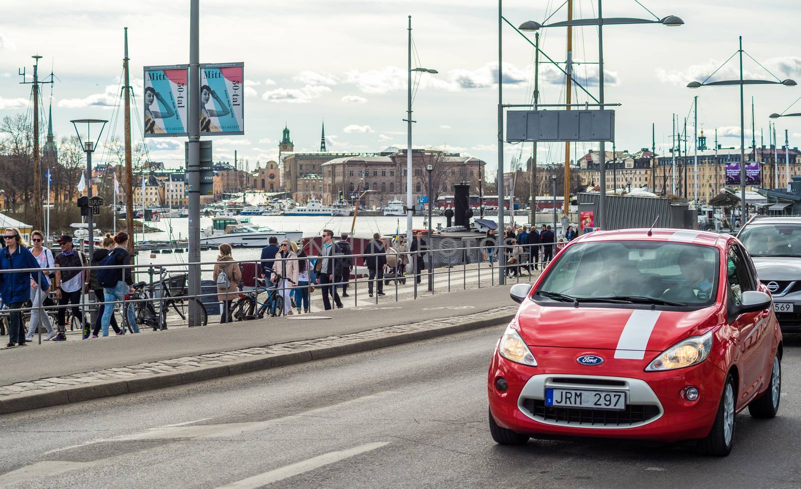 April 22, 2018, Stockholm, Sweden. A red car on one of the streets in Stockholm.