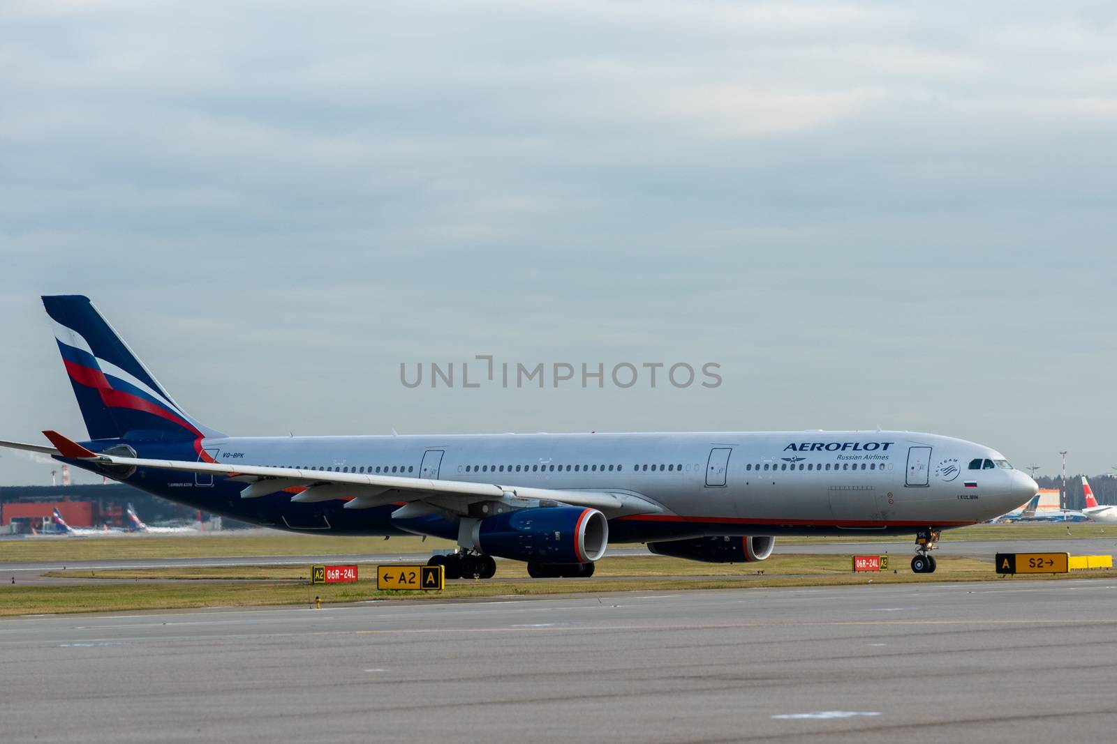 October 29, 2019, Moscow, Russia. Plane 
Airbus A330-300 Aeroflot - Russian Airlines at Sheremetyevo airport in Moscow.