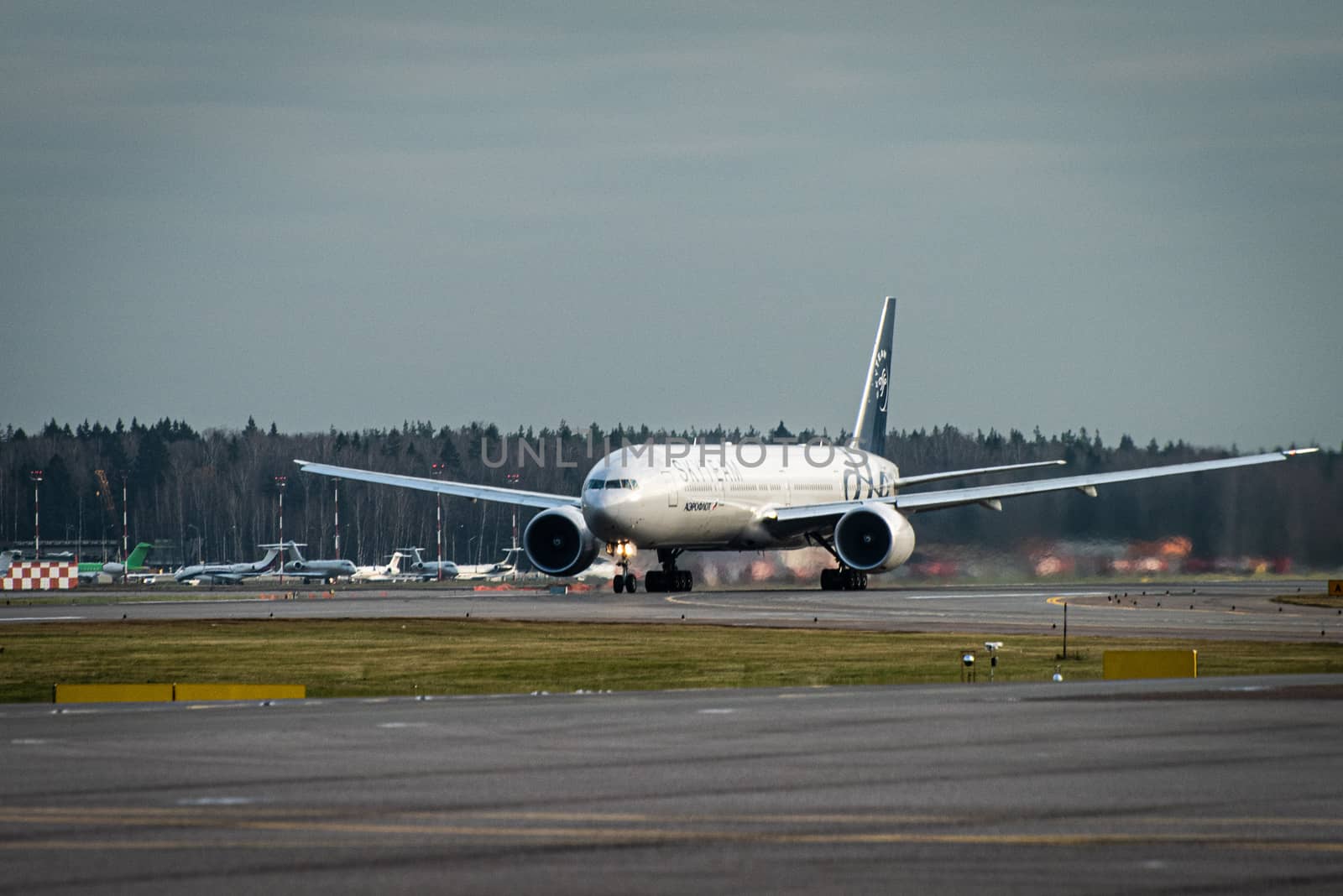 October 29, 2019, Moscow, Russia. Plane 
Boeing 777-300 Aeroflot - Russian Airlines in livery of the international aviation alliance SkyTeam at Sheremetyevo airport in Moscow.