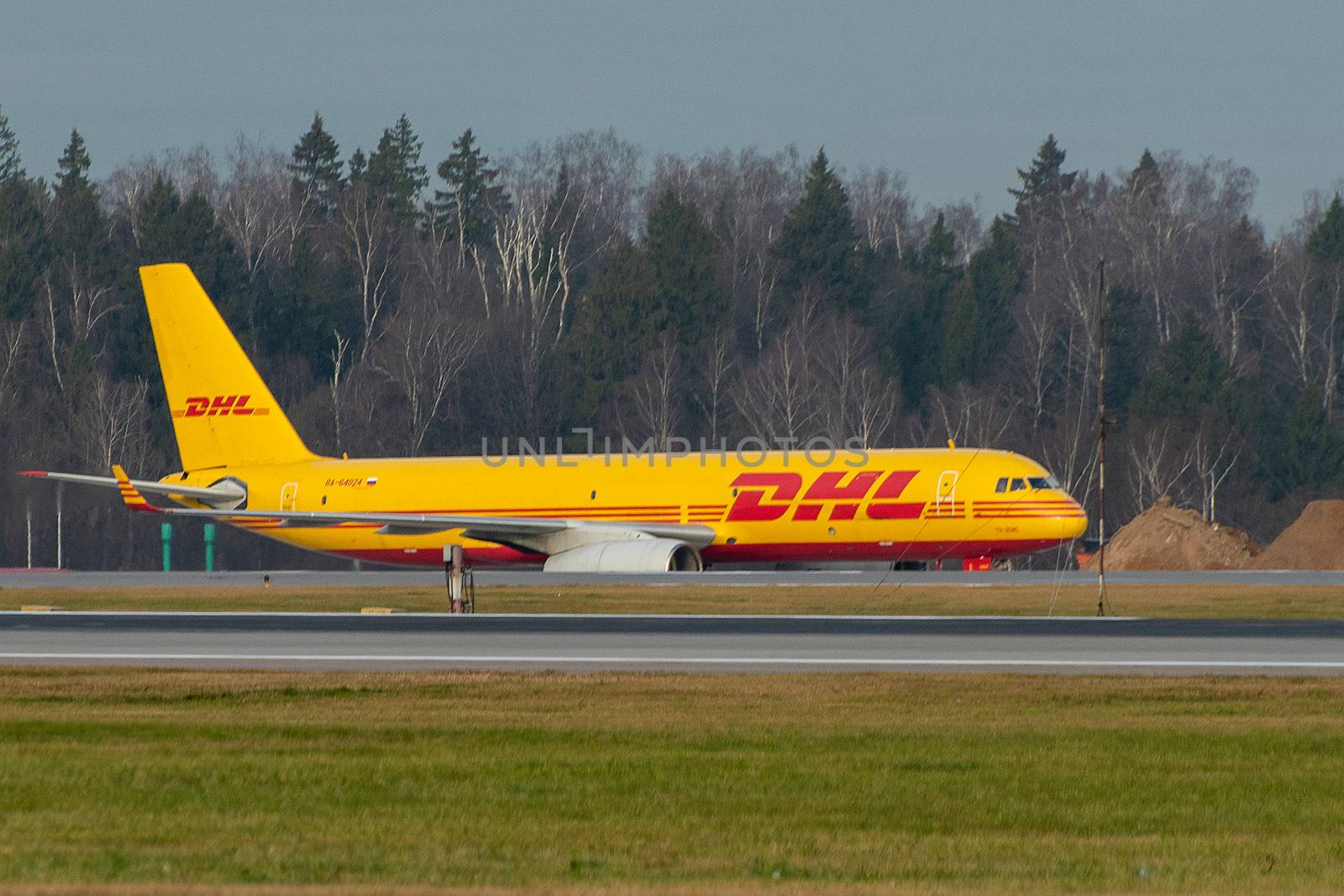 October 29, 2019, Moscow, Russia. Plane 
Tupolev Tu-204 Aviastar Airlines in livery DHL at Sheremetyevo airport in Moscow.