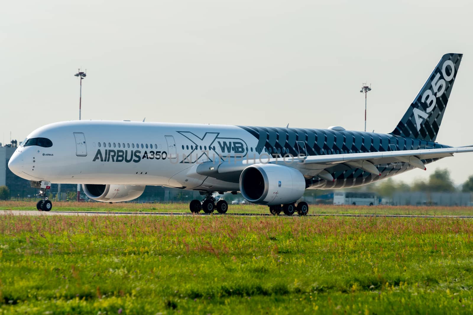 August 30, 2019. Zhukovsky, Russia. long-range wide-body twin-engine passenger aircraft Airbus A350-900 XWB Airbus Industrie at the International Aviation and Space Salon MAKS 2019.