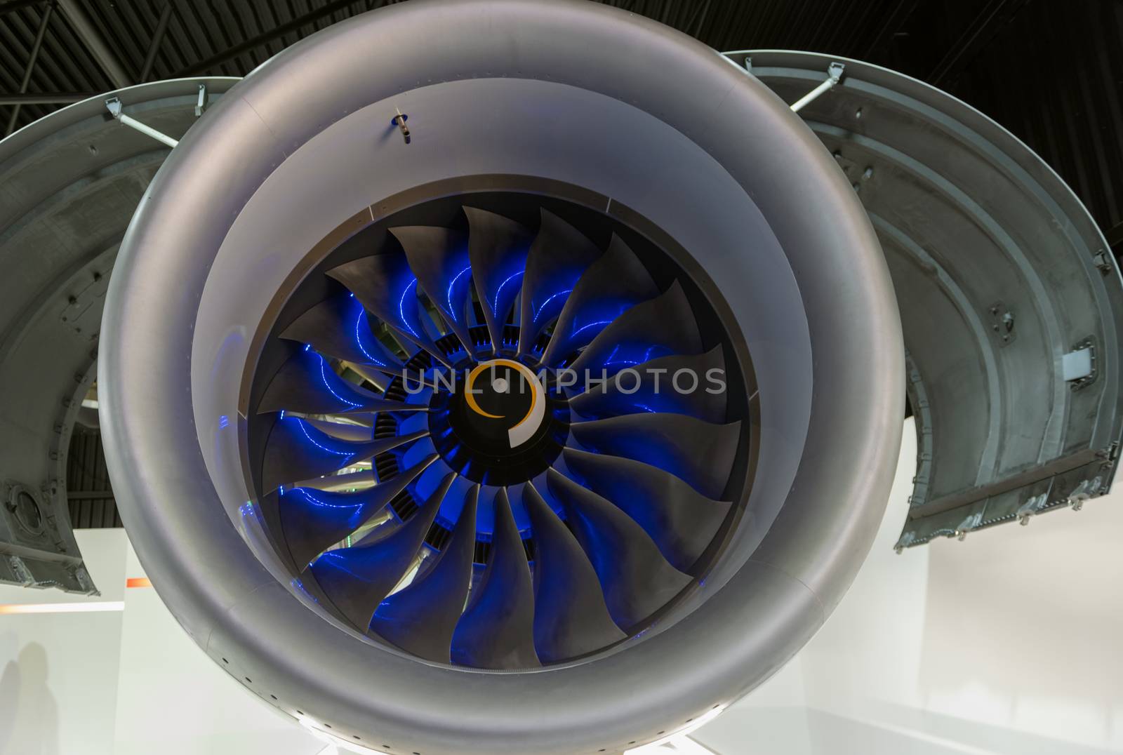 Fan of a civil turbofan aircraft engine in the exhibition hall.