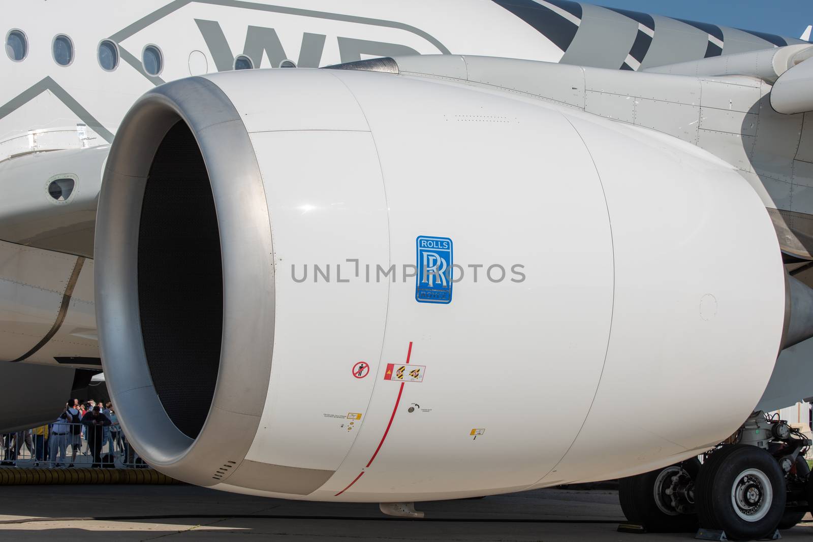 August 30, 2019. Zhukovsky, Russia. Aircraft engine Rolls-Royce Trent XWB long-range wide-body twin-engine passenger aircraft Airbus A350-900 XWB Airbus Industrie at the International Aviation and Space Salon MAKS 2019.