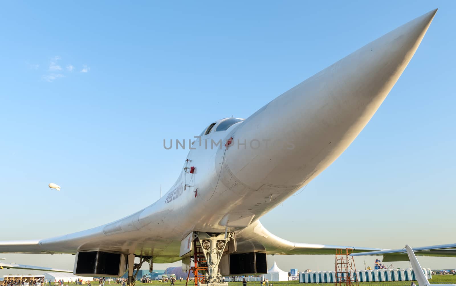 August 30, 2019 Zhukovsky, Russia.  Soviet and russian supersonic strategic bomber-missile carrier with variable sweep wing Tupolev Tu-160 at the International Aviation and Space Salon MAKS 2019.