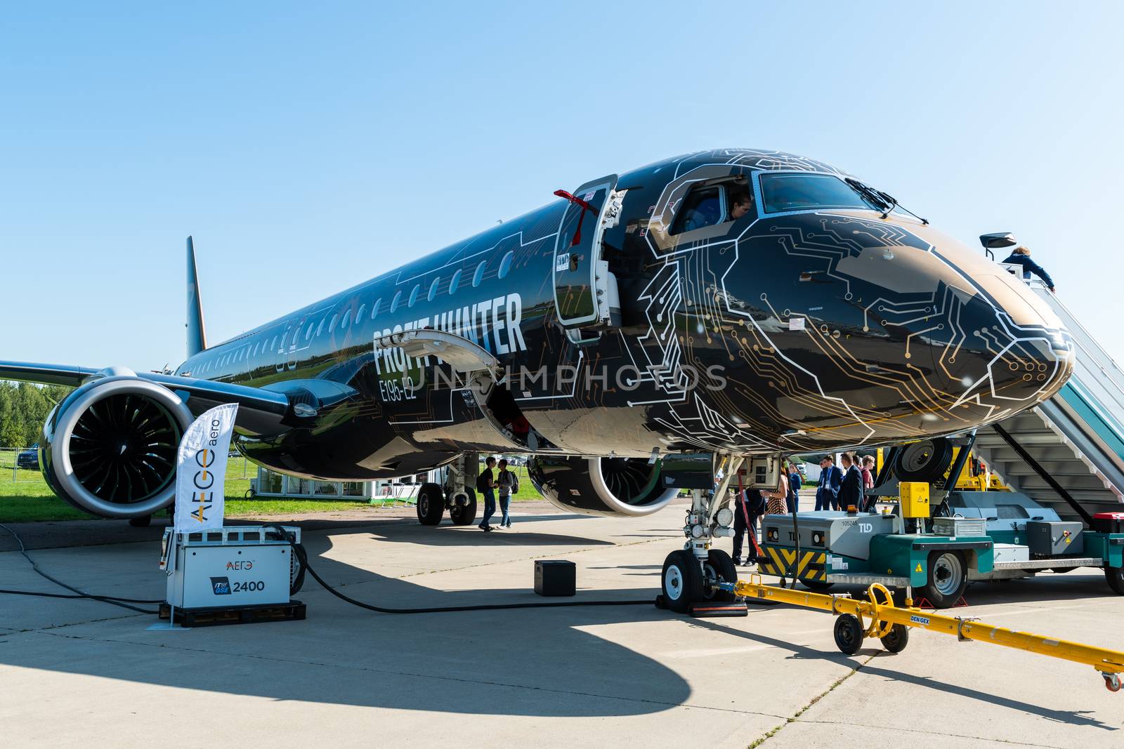 August 30, 2019. Zhukovsky, Russia. Twin-engine narrow-body passenger aircraft Embraer E-Jet E195-E2
at the International Aviation and Space Salon MAKS 2019.