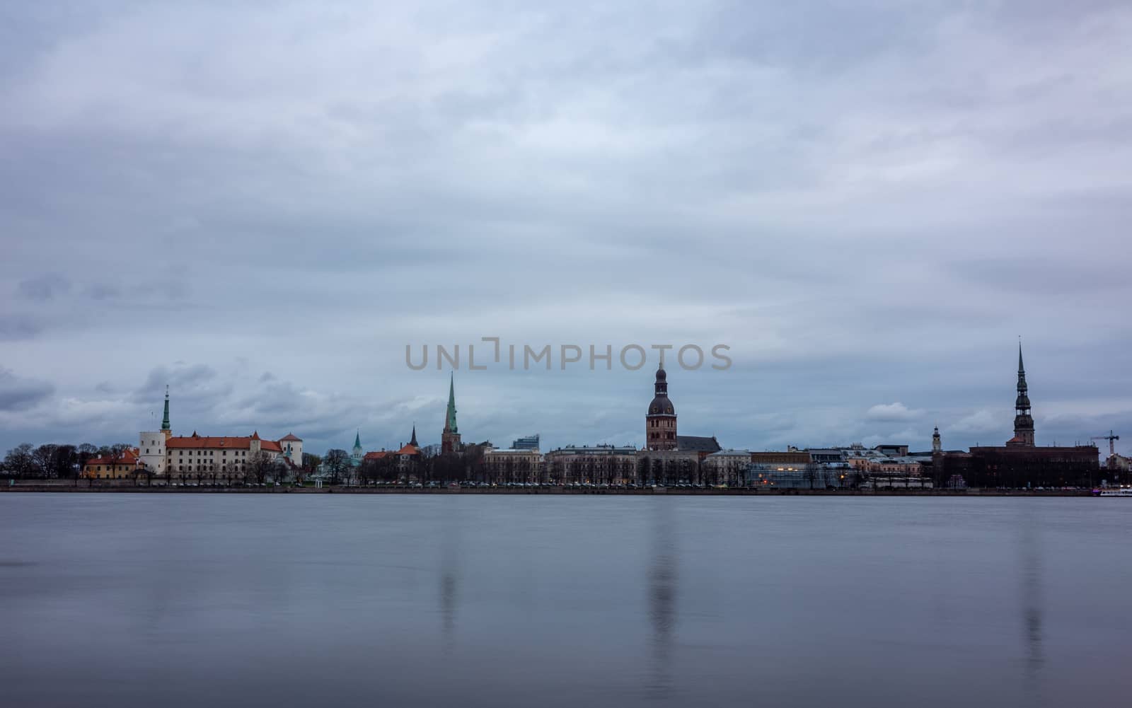 April 24, 2018 Riga, Latvia. View of the Old Town in Riga from the opposite bank of the Daugava River.