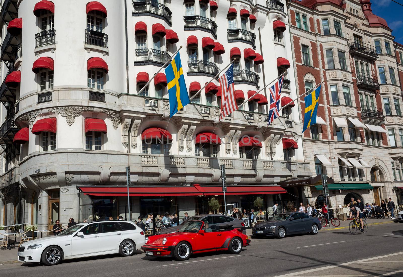 April 22, 2018, Stockholm, Sweden. A red car on one of the streets in Stockholm.