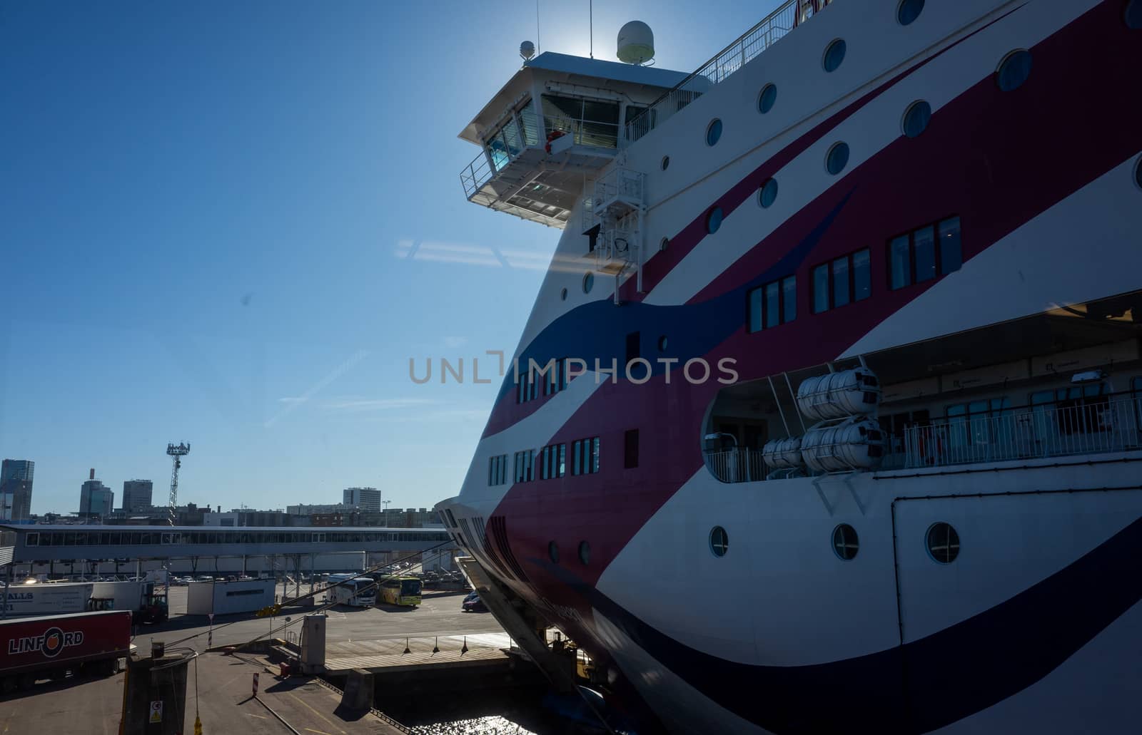 23 April 2019, Tallinn, Estonia. High-speed passenger and car ferry of the Estonian shipping concern Tallink Baltic Queen in the port of Tallinn.