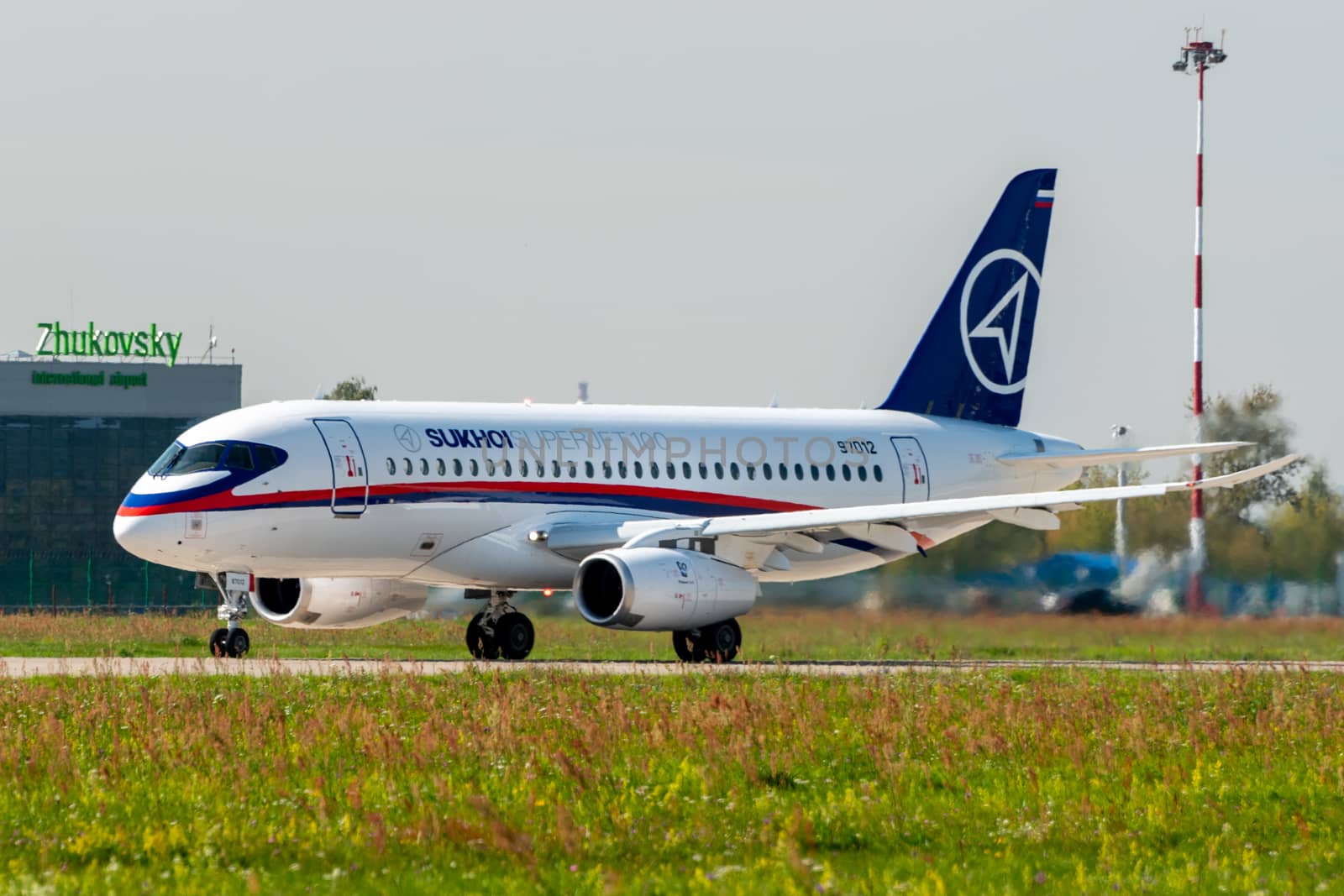 August 30, 2019. Zhukovsky, Russia. Russian short-range narrow-body passenger aircraft  Sukhoi Superjet 100 at the International Aviation and Space Salon MAKS 2019.