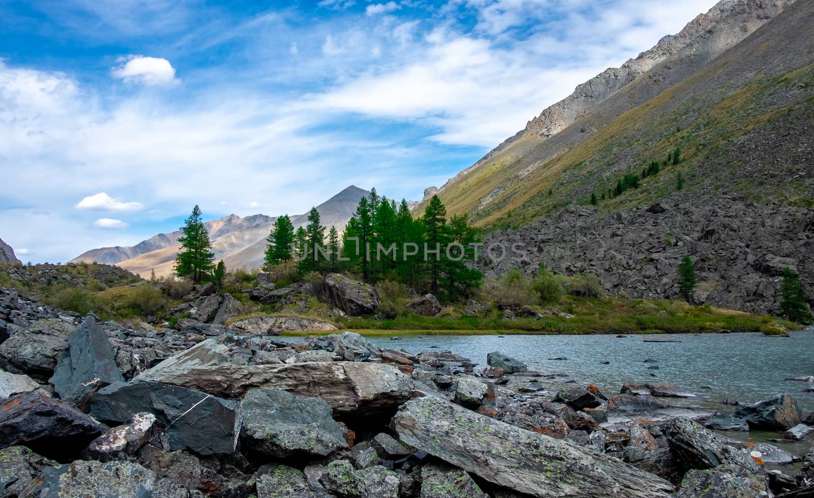 Mountain lake on the background of snow-capped peaks in the Altai Republic.