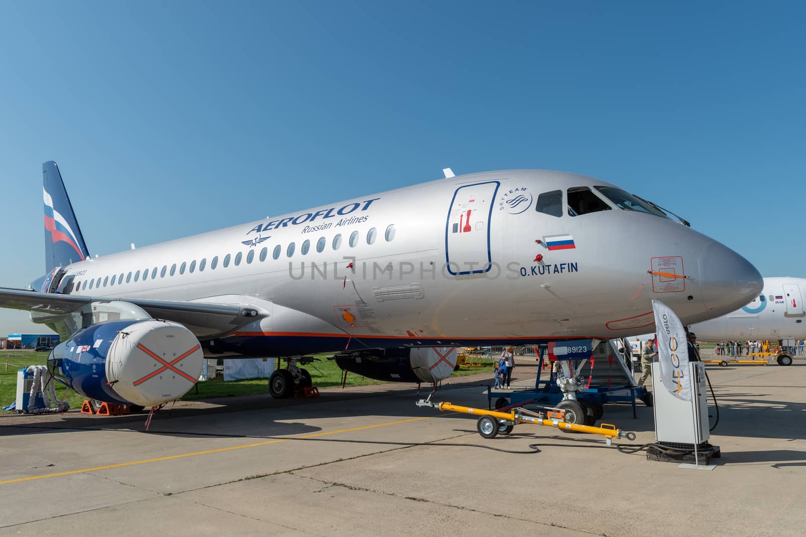 August 30, 2019. Zhukovsky, Russia. Russian short-range narrow-body passenger aircraft  Sukhoi Superjet 100 Aeroflot  Russian Airlines at the International Aviation and Space Salon MAKS 2019.