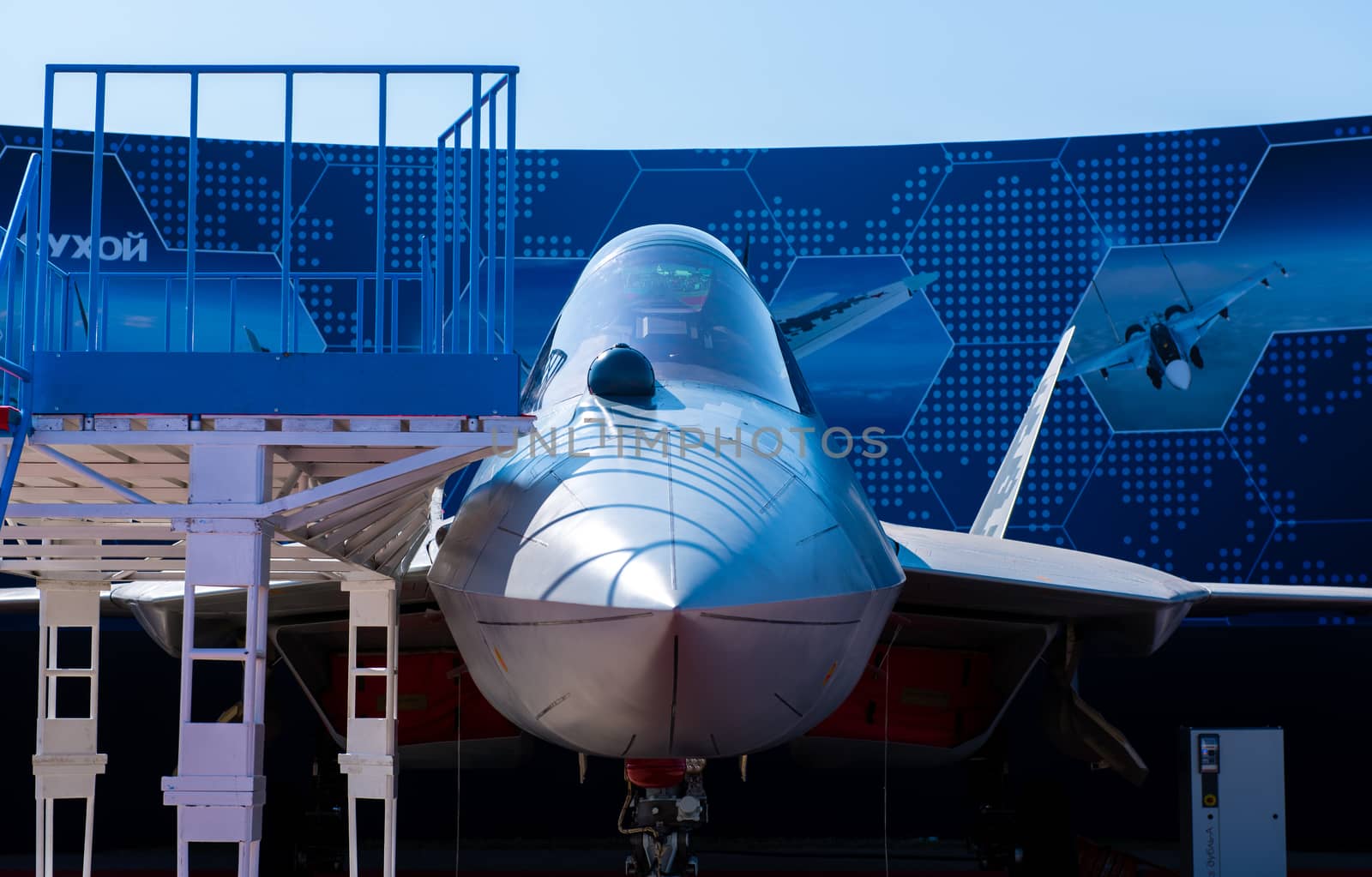 August 30, 2019. Zhukovsky, Russia. fifth-generation promising Russian multi-functional fighter Sukhoi Su-57  at the International Aviation and Space Salon MAKS 2019.