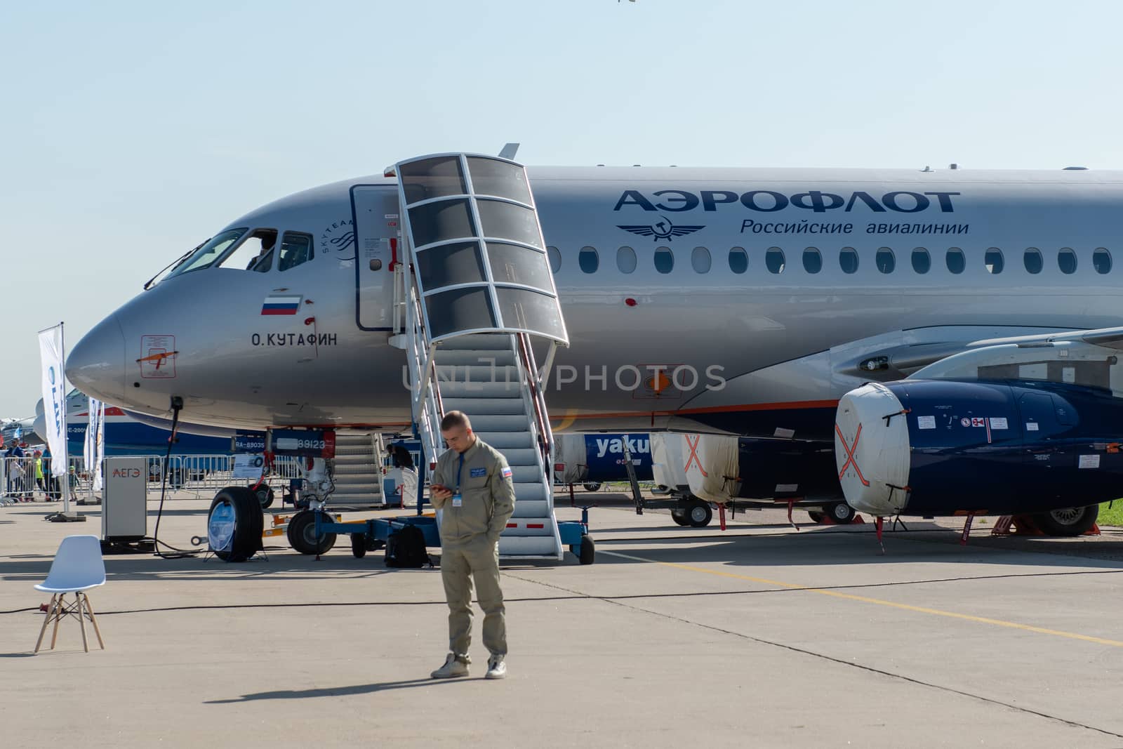 August 30, 2019. Zhukovsky, Russia. Russian short-range narrow-body passenger aircraft  Sukhoi Superjet 100 Aeroflot  Russian Airlines at the International Aviation and Space Salon MAKS 2019.