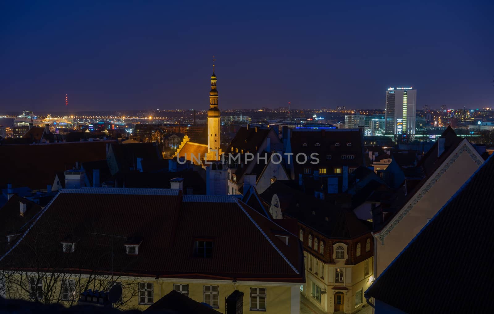 21 April 2018 Tallinn, Estonia. View of the Old town from the observation deck at night