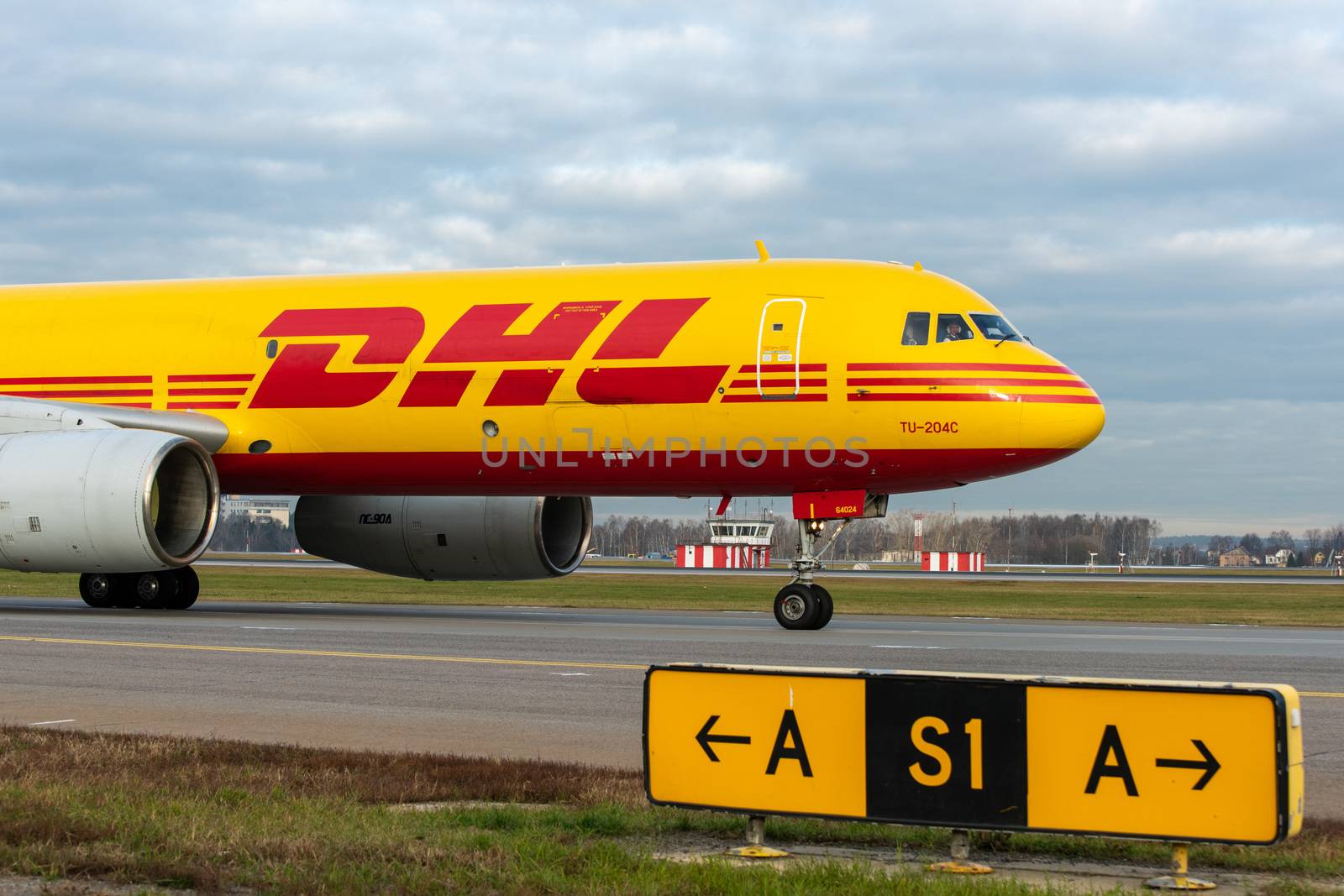 October 29, 2019, Moscow, Russia. Plane 
Tupolev Tu-204 Aviastar Airlines in livery DHL at Sheremetyevo airport in Moscow.