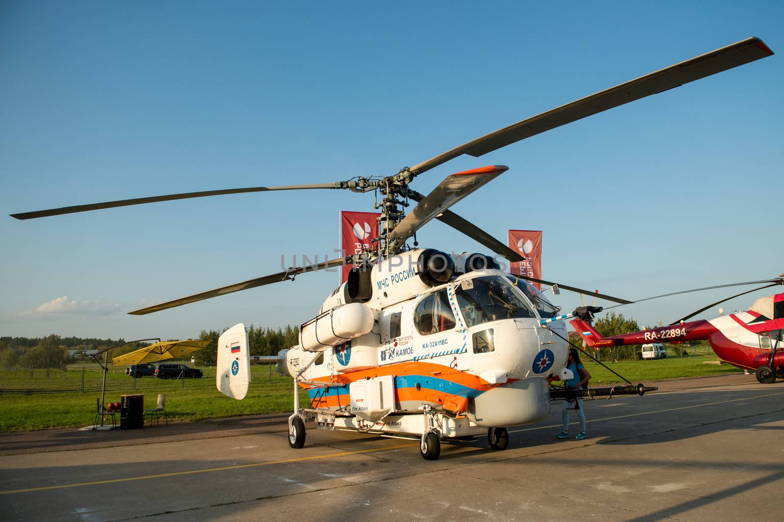 August 30, 2019. Zhukovsky, Russia. Russian medium transport helicopter  Kamov Ka-32 at the International Aviation and Space Salon MAKS 2019.