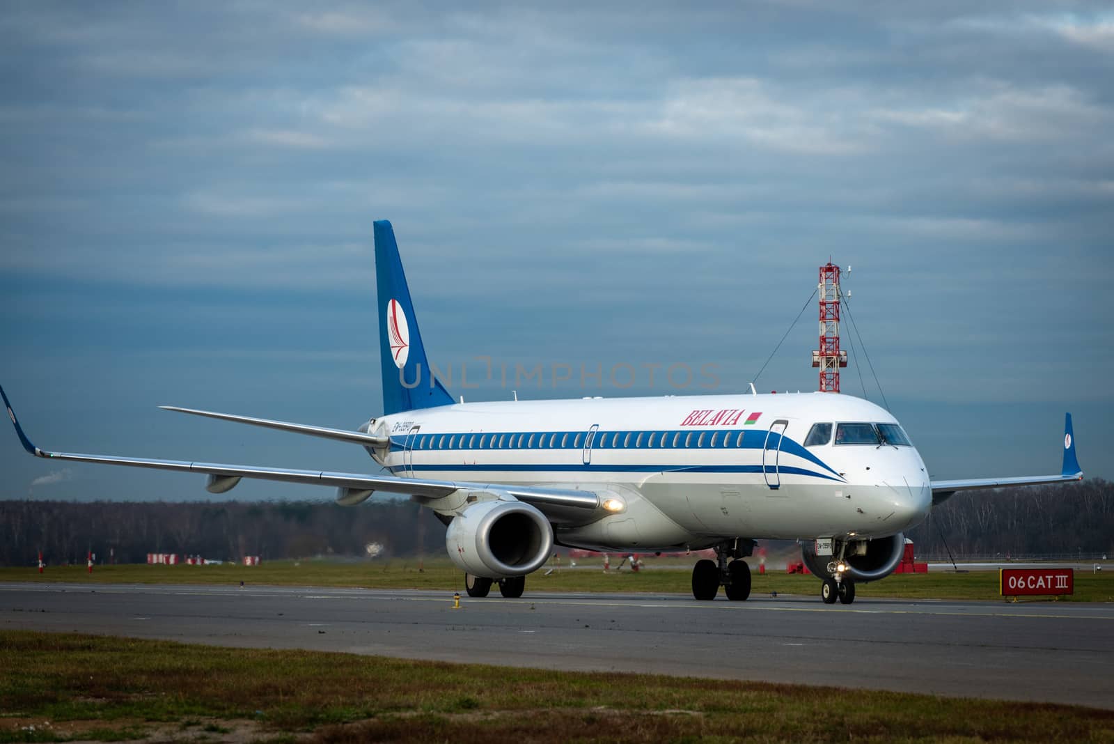 October 29, 2019, Moscow, Russia. Plane 
Embraer ERJ-195 Belavia Airlines at Sheremetyevo airport in Moscow.