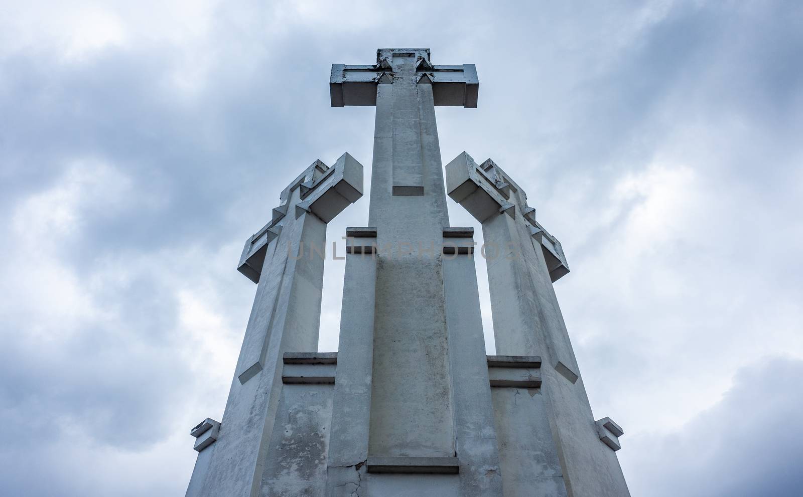 April 27, 2018 Vilnius, Lithuania. Three Crosses Monument in the form of three white concrete crosses.