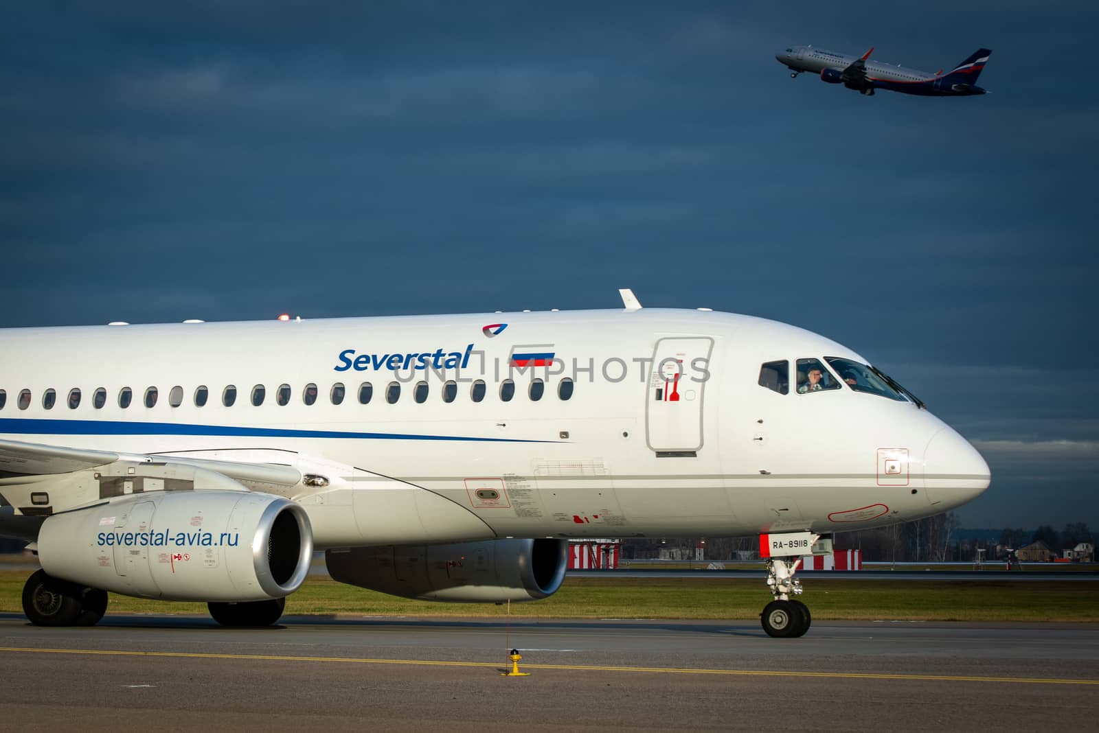 October 29, 2019, Moscow, Russia. Plane 
Sukhoi Superjet 100 Severstal Airlines at Sheremetyevo airport in Moscow.