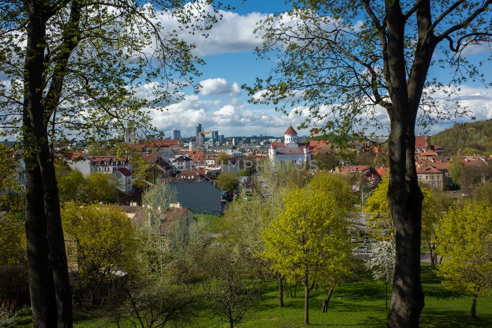 April 27, 2018 Vilnius, Lithuania, View of the old city of Vilnius from the top point.