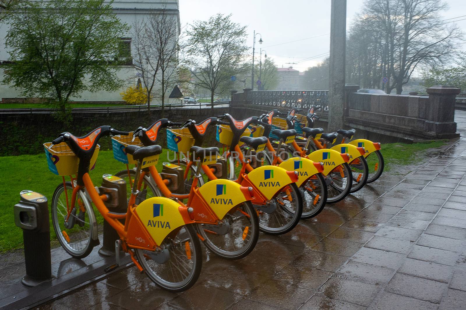 April 27, 2018 Vilnius, Lithuania. City bike rental on one of the streets in Viljunius.