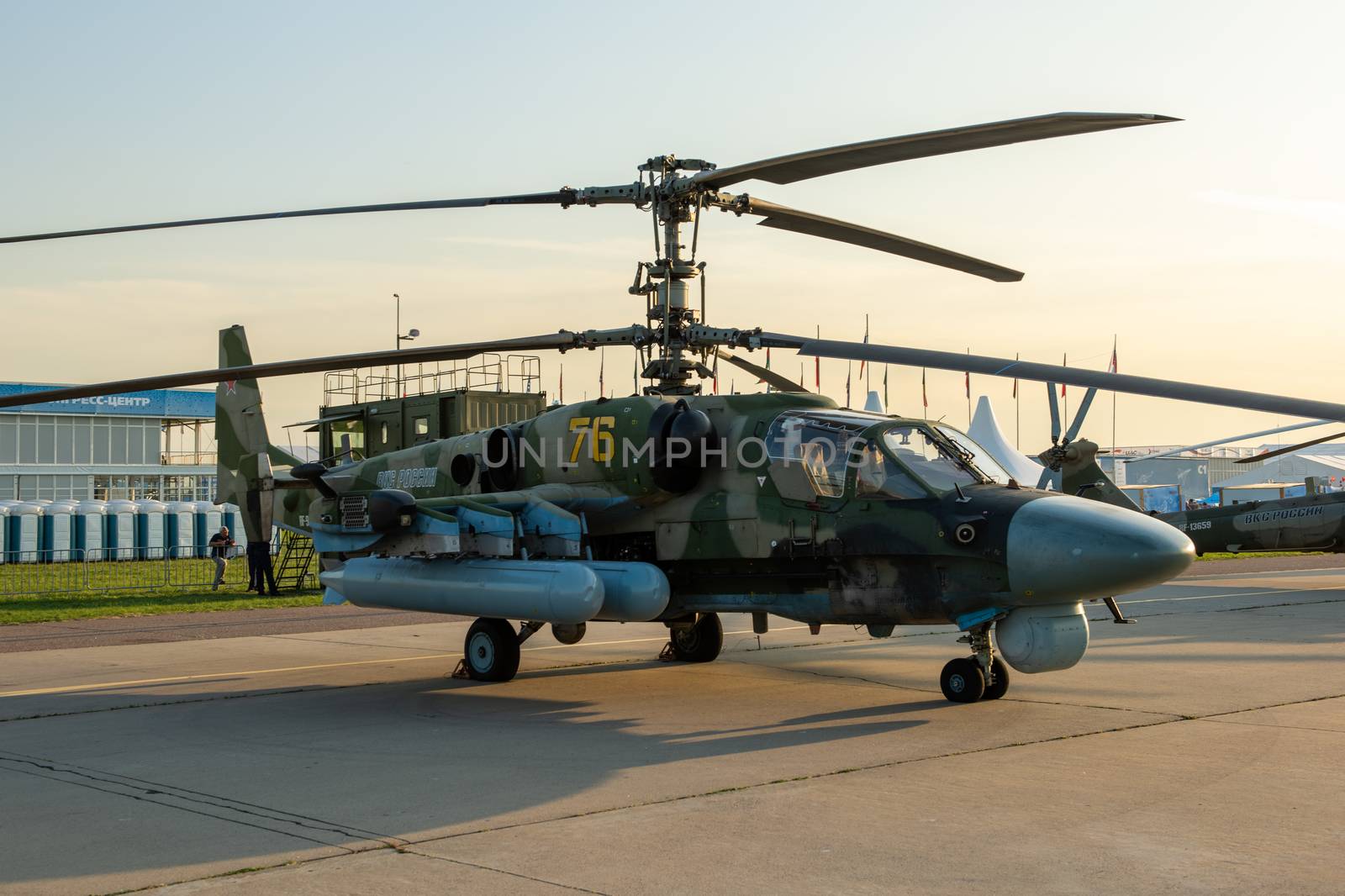 August 30, 2019. Zhukovsky, Russia. Russian reconnaissance and attack helicopter Kamov Ka-52 Alligator at the International Aviation and Space Salon MAKS 2019.