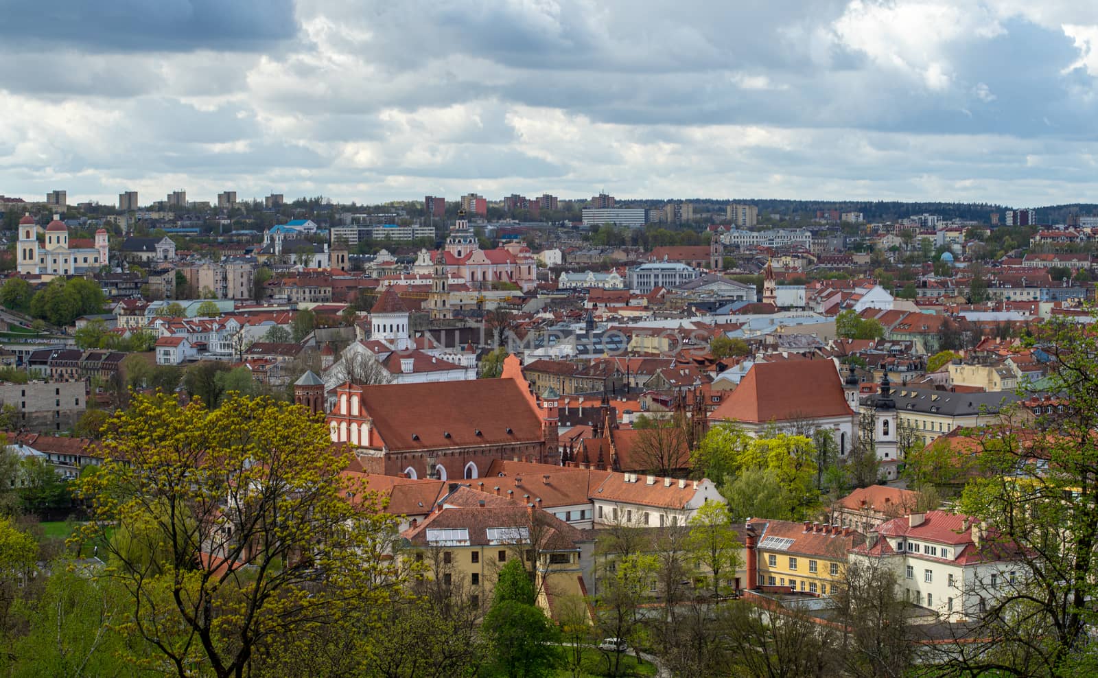 April 27, 2018 Vilnius, Lithuania. View of the old city of Vilnius from Three Cross Mountain.