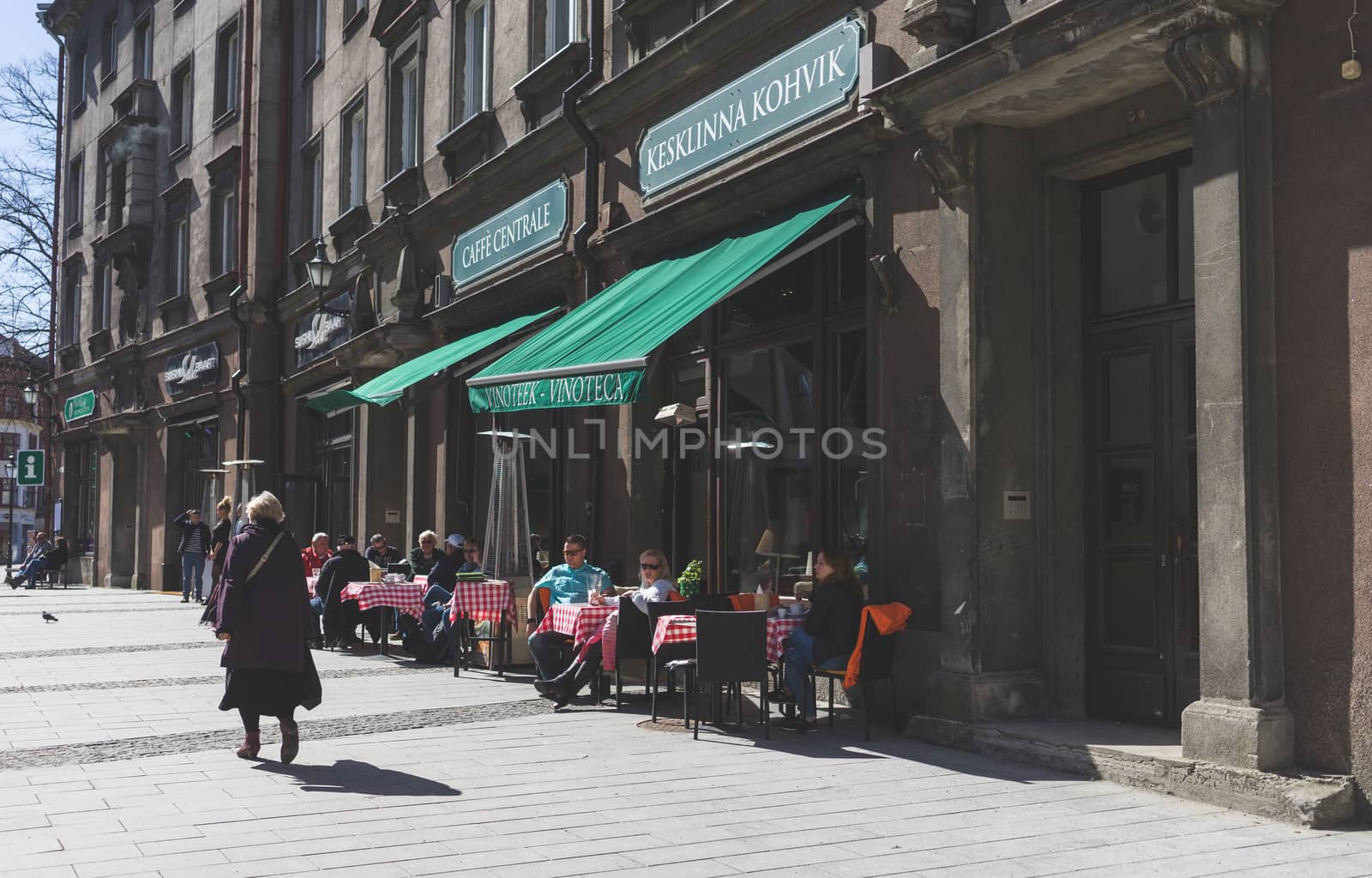 April 20, 2018 Tallinn, Estonia, Street cafes in the Central square of the Old city.