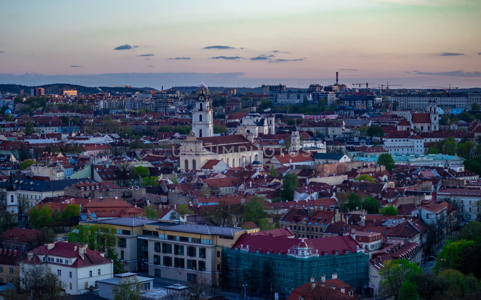 April 27, 2018 Vilnius, Lithuania. View of the old city of Vilnius from Three Cross Mountain.