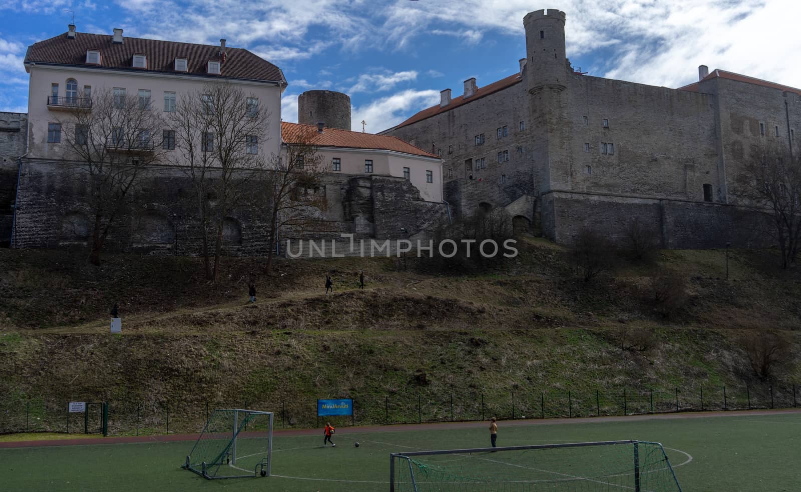 April 21, 2018 Tallinn, Estonia. Football field at the fortress wall of the Old city in Tallinn