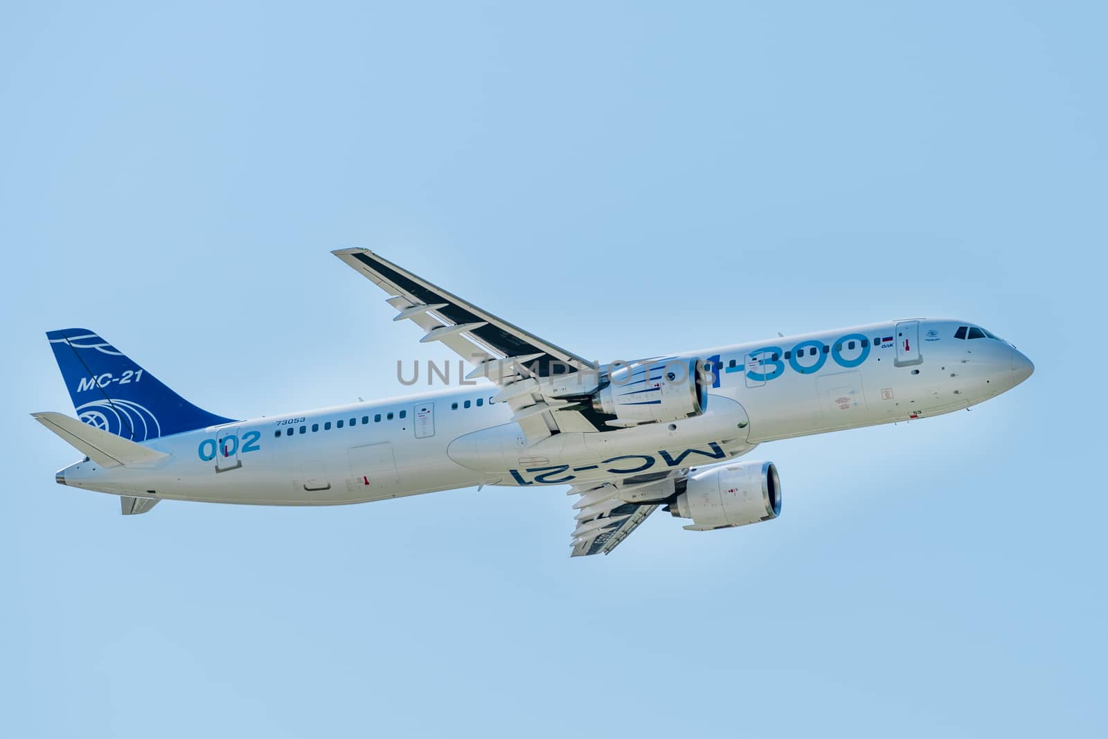 August 30, 2019. Zhukovsky, Russia. Promising Russian medium-range narrow-body passenger aircraft Irkut MC-21 at the International Aviation and Space Salon MAKS 2019.