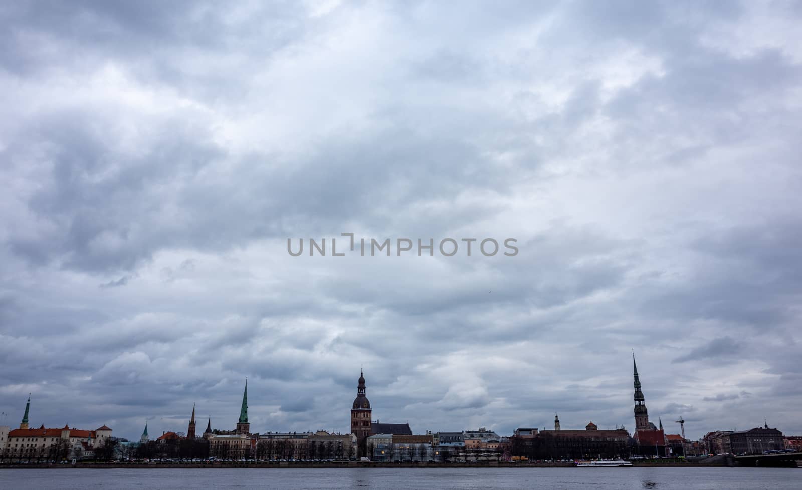 April 24, 2018 Riga, Latvia. View of the Old Town in Riga from the opposite bank of the Daugava River.