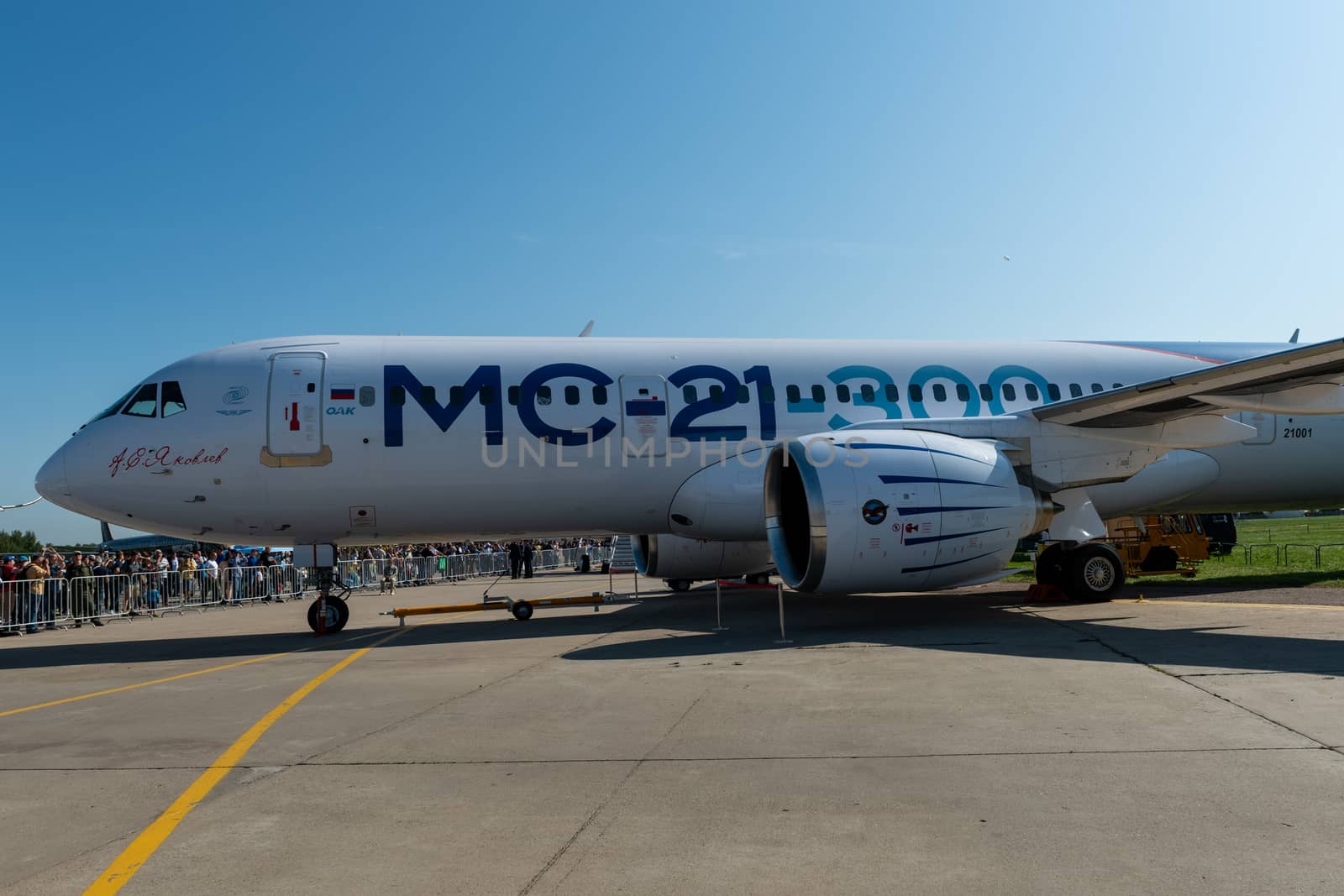 August 30, 2019. Zhukovsky, Russia. Promising Russian medium-range narrow-body passenger aircraft Irkut MC-21 at the International Aviation and Space Salon MAKS 2019.