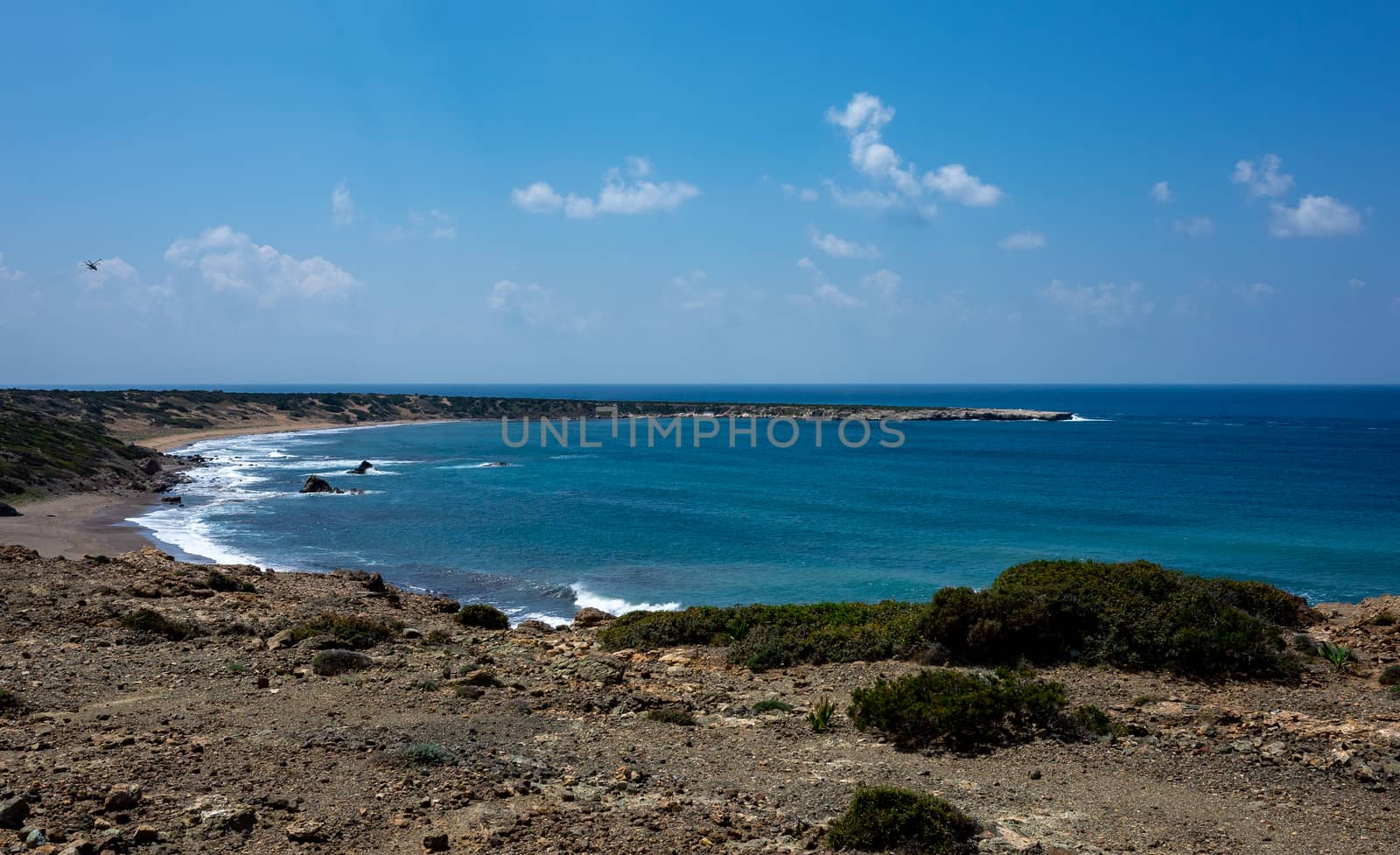 The rocky coast of the Mediterranean Sea on the Akamas Peninsula in the northwest of the island of Cyprus.