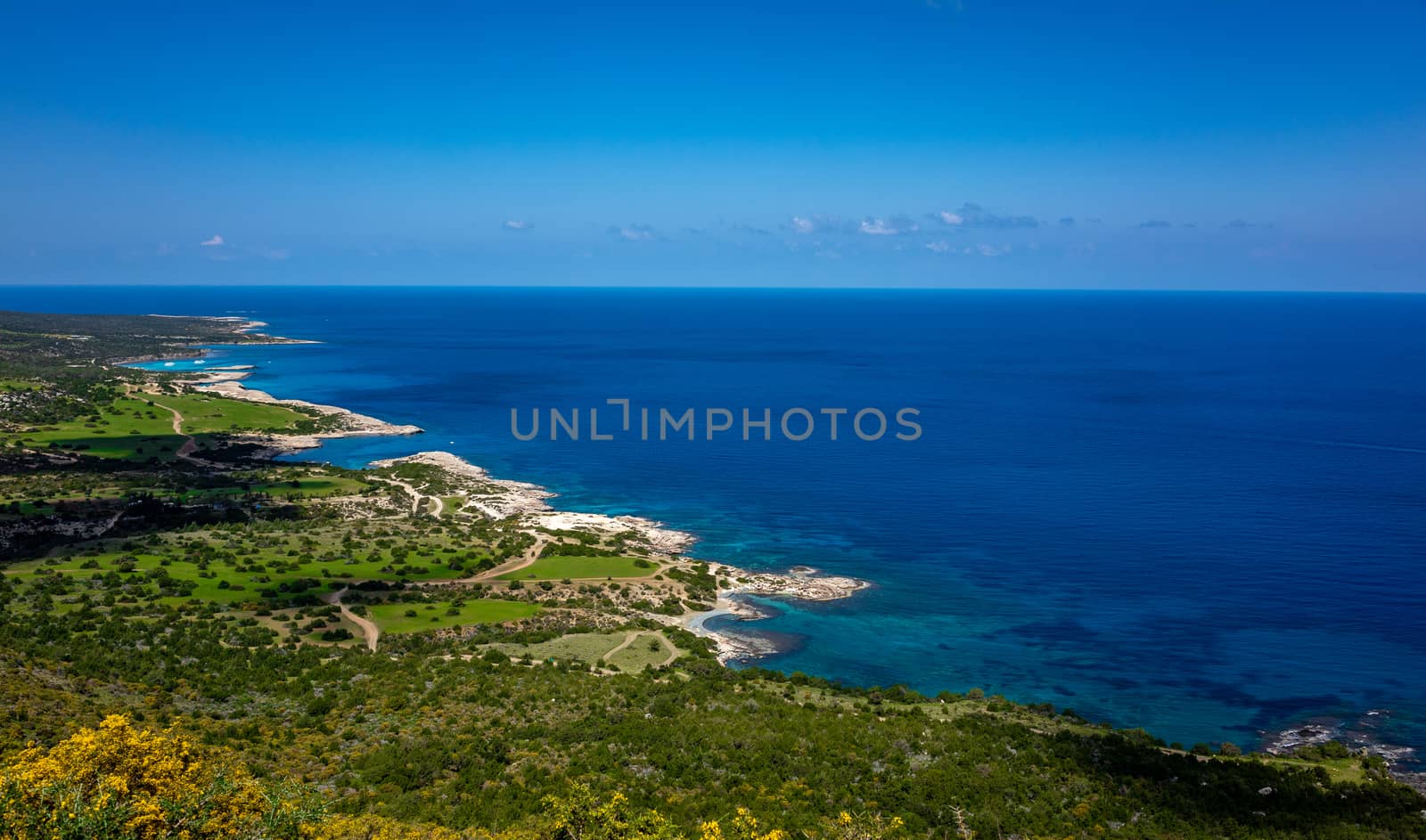 Green mountainous coast of the Mediterranean Sea on the Akamas Peninsula in the northwest of the island of Cyprus.