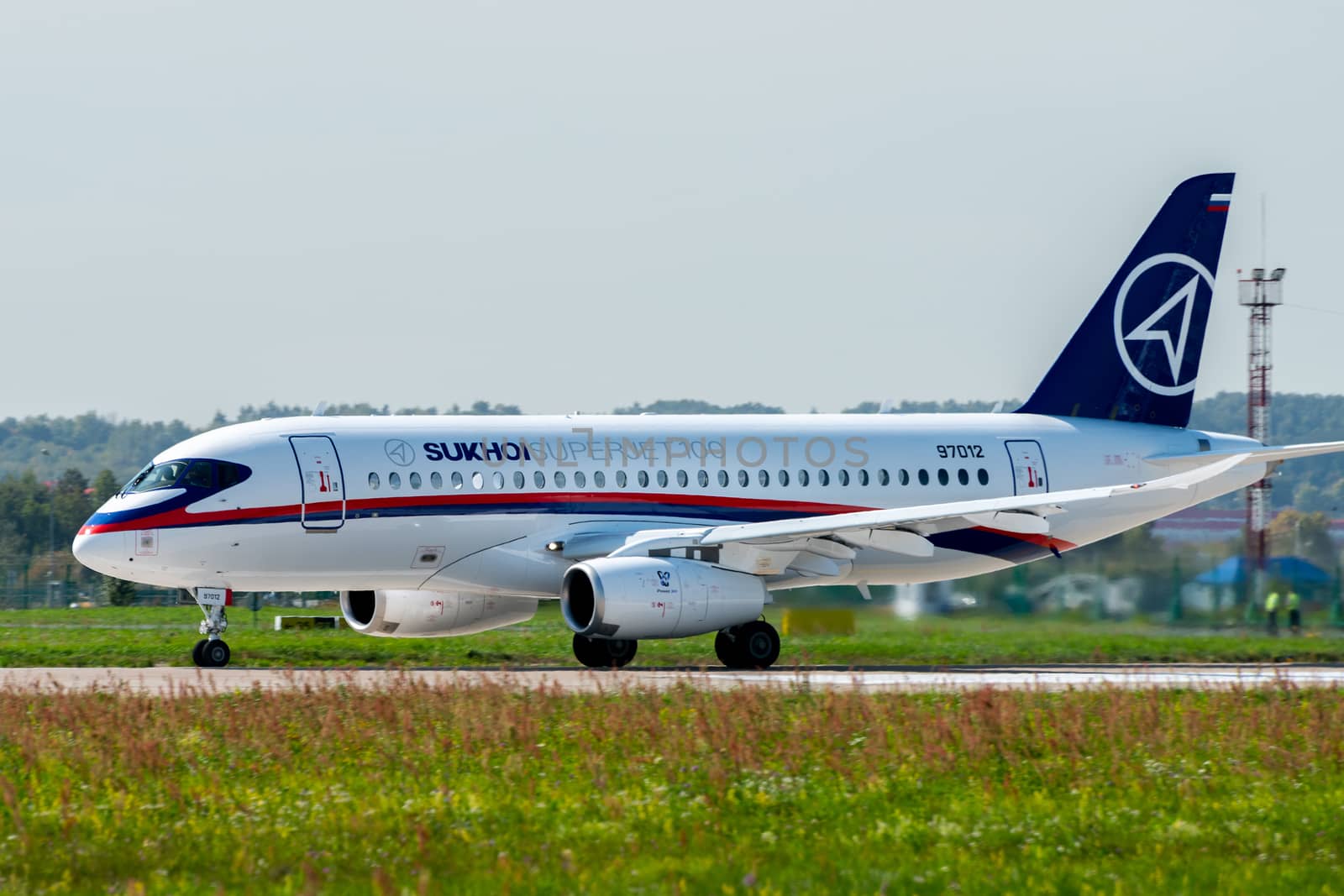 August 30, 2019. Zhukovsky, Russia. Russian short-range narrow-body passenger aircraft  Sukhoi Superjet 100 at the International Aviation and Space Salon MAKS 2019.