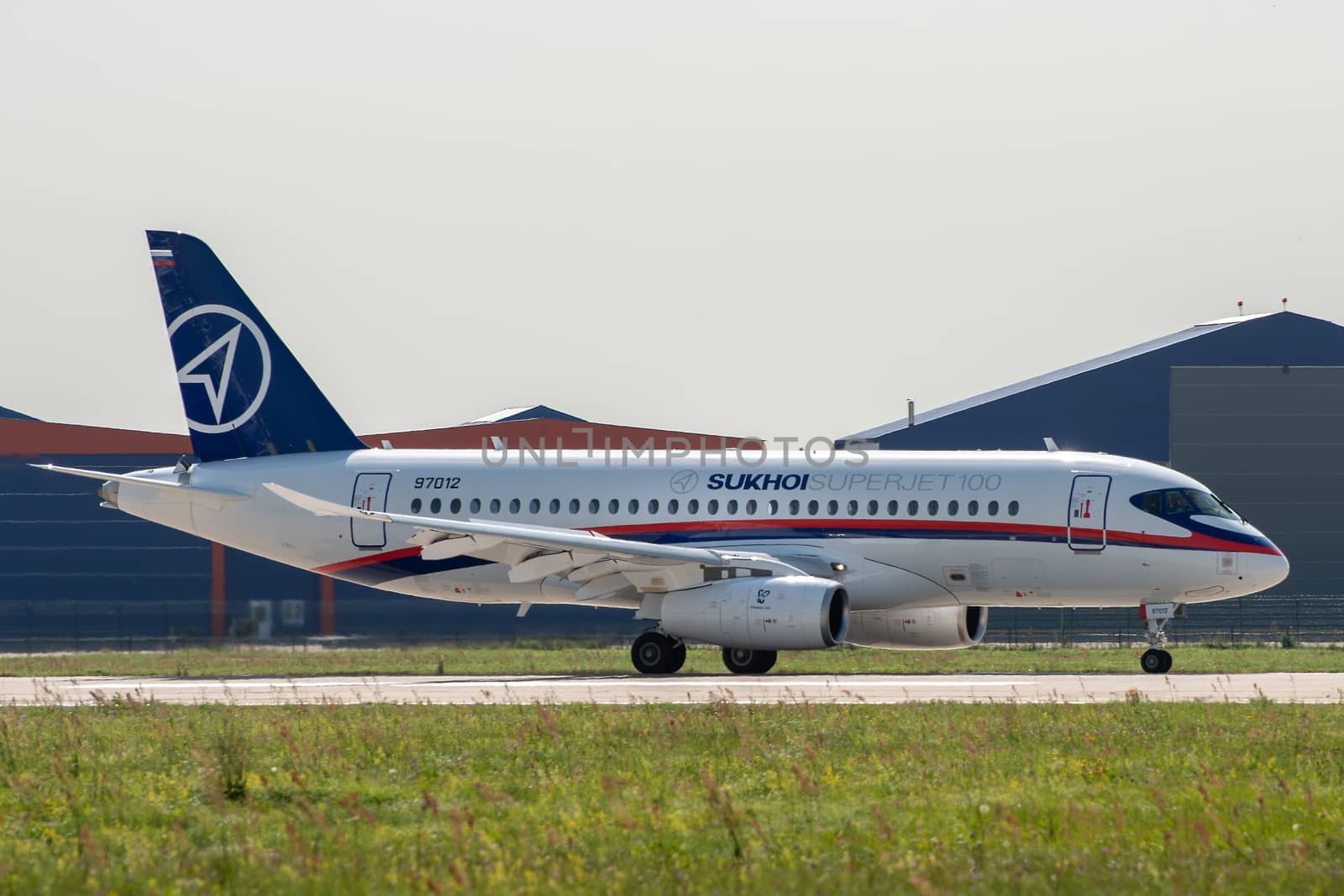August 30, 2019. Zhukovsky, Russia. Russian short-range narrow-body passenger aircraft  Sukhoi Superjet 100 at the International Aviation and Space Salon MAKS 2019.