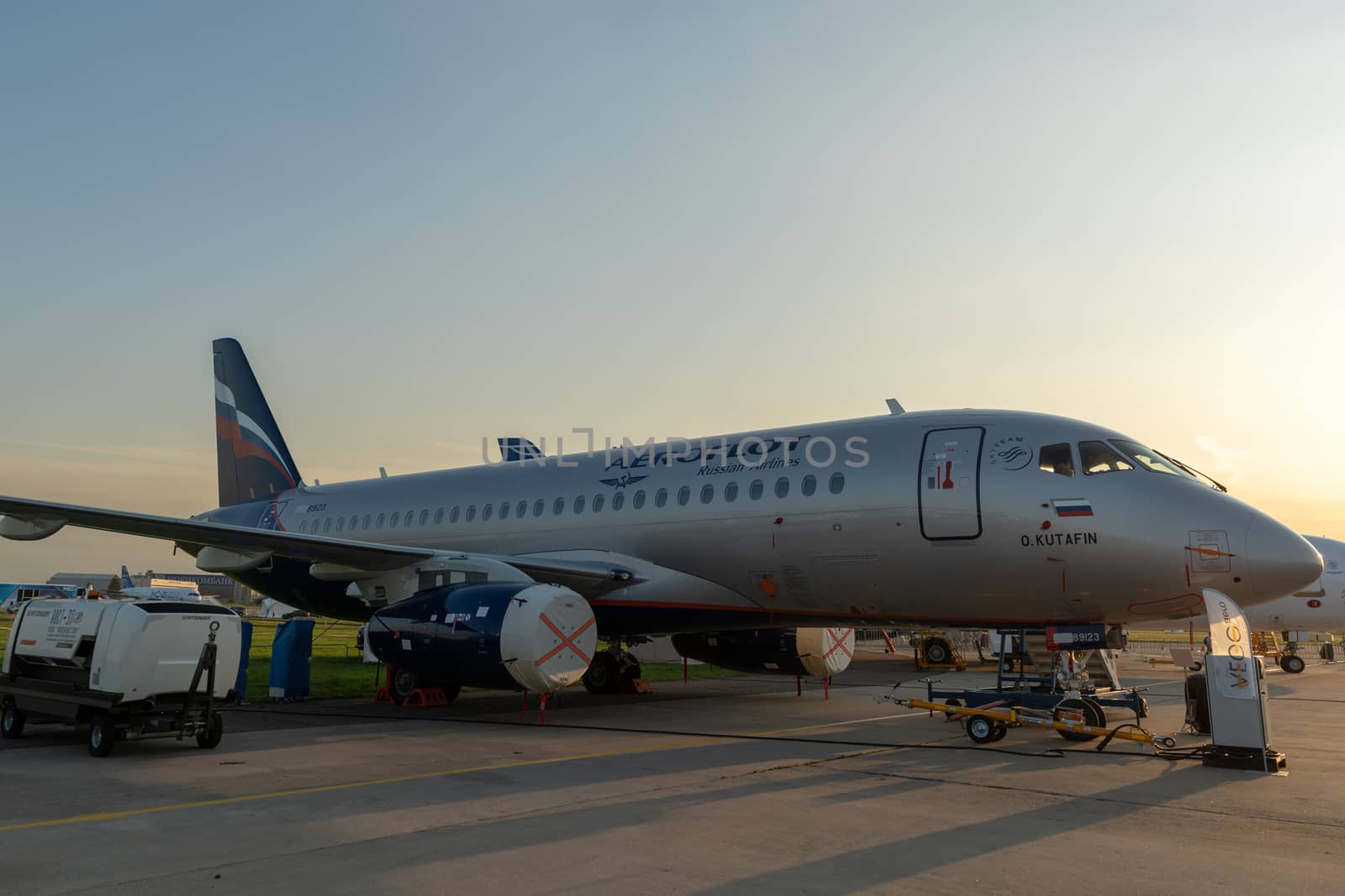 August 30, 2019. Zhukovsky, Russia. Russian short-range narrow-body passenger aircraft  Sukhoi Superjet 100 Aeroflot  Russian Airlines at the International Aviation and Space Salon MAKS 2019.