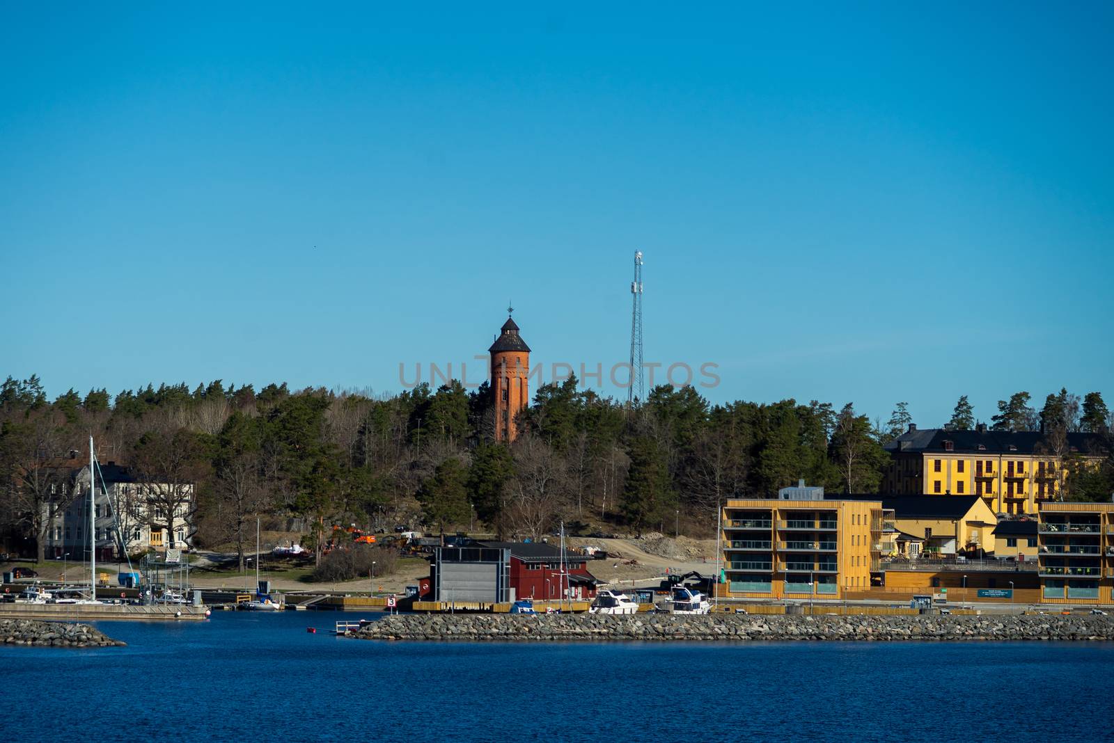April 22, 2018, Stockholm Sweden. Marina for yachts on dwellings island of the Stockholm archipelago in the Baltic Sea in the early morning.