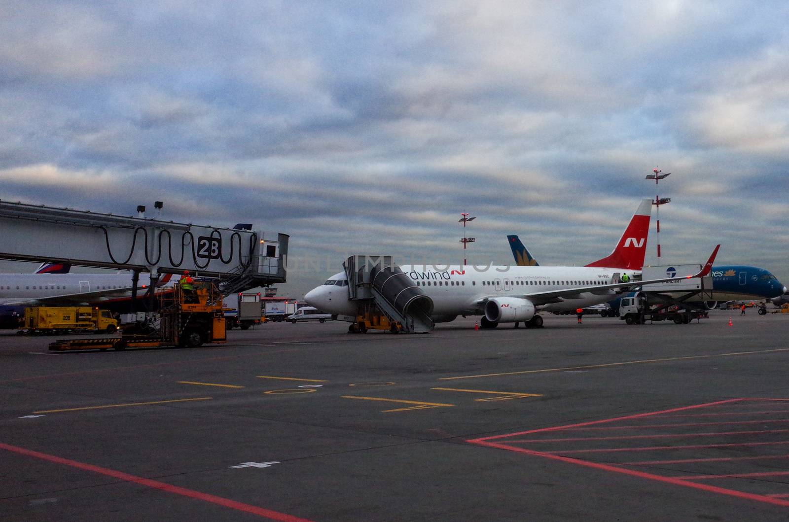 October 29, 2019, Moscow, Russia. Plane Boeing 737-800 Nordwind Airlines at Sheremetyevo airport in Moscow.