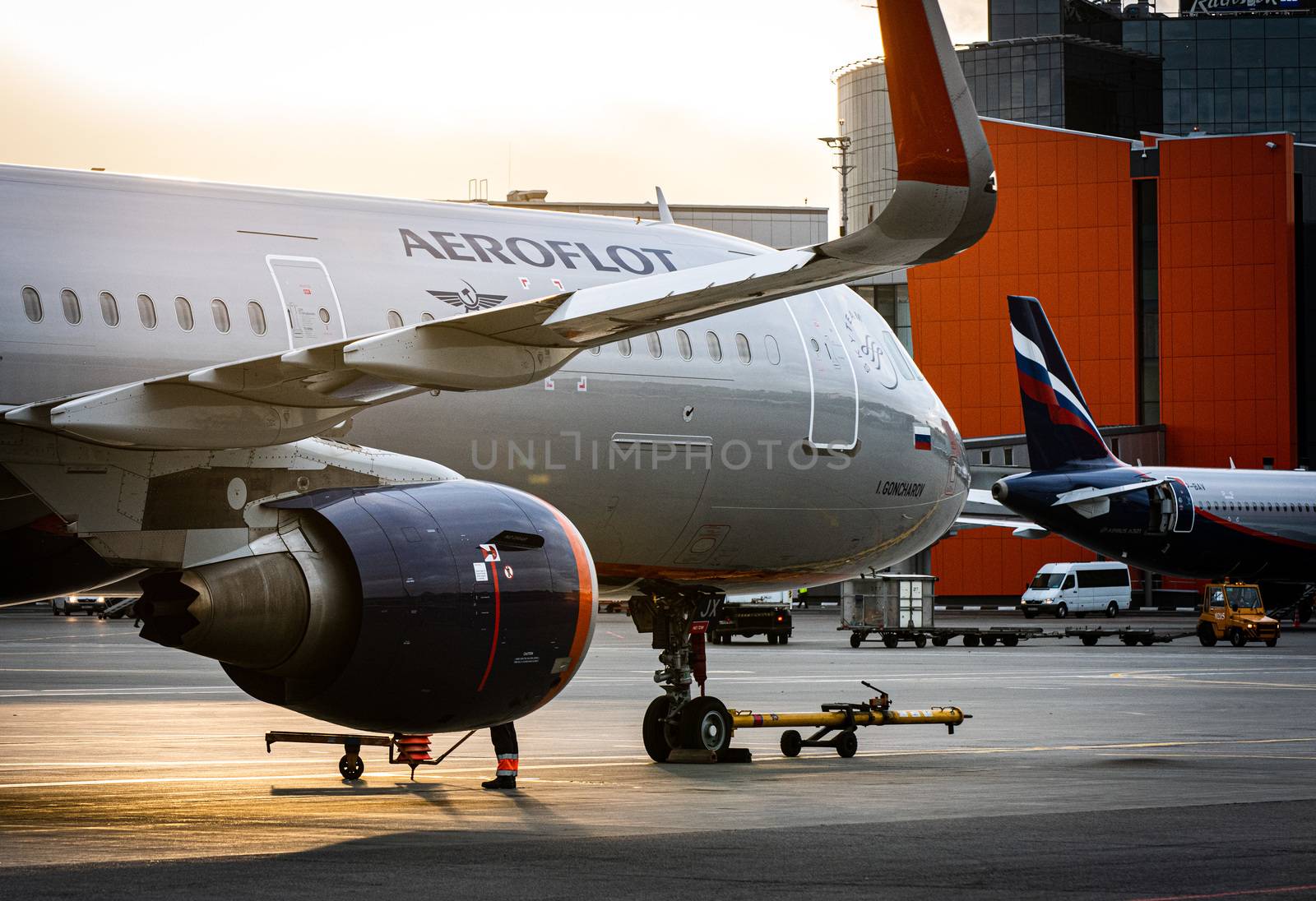 October 29, 2019, Moscow, Russia. Plane Airbus A321-200 Aeroflot - Russian Airlines at Sheremetyevo airport in Moscow.